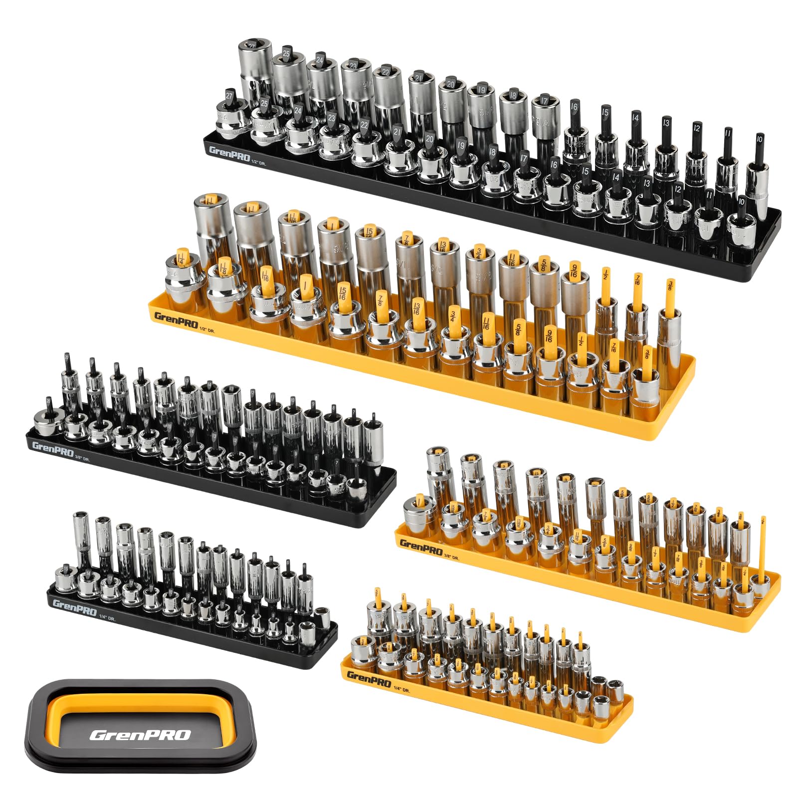 GRENPRO Lot de 7 plateaux de rangement pour douilles d'atelier métriques