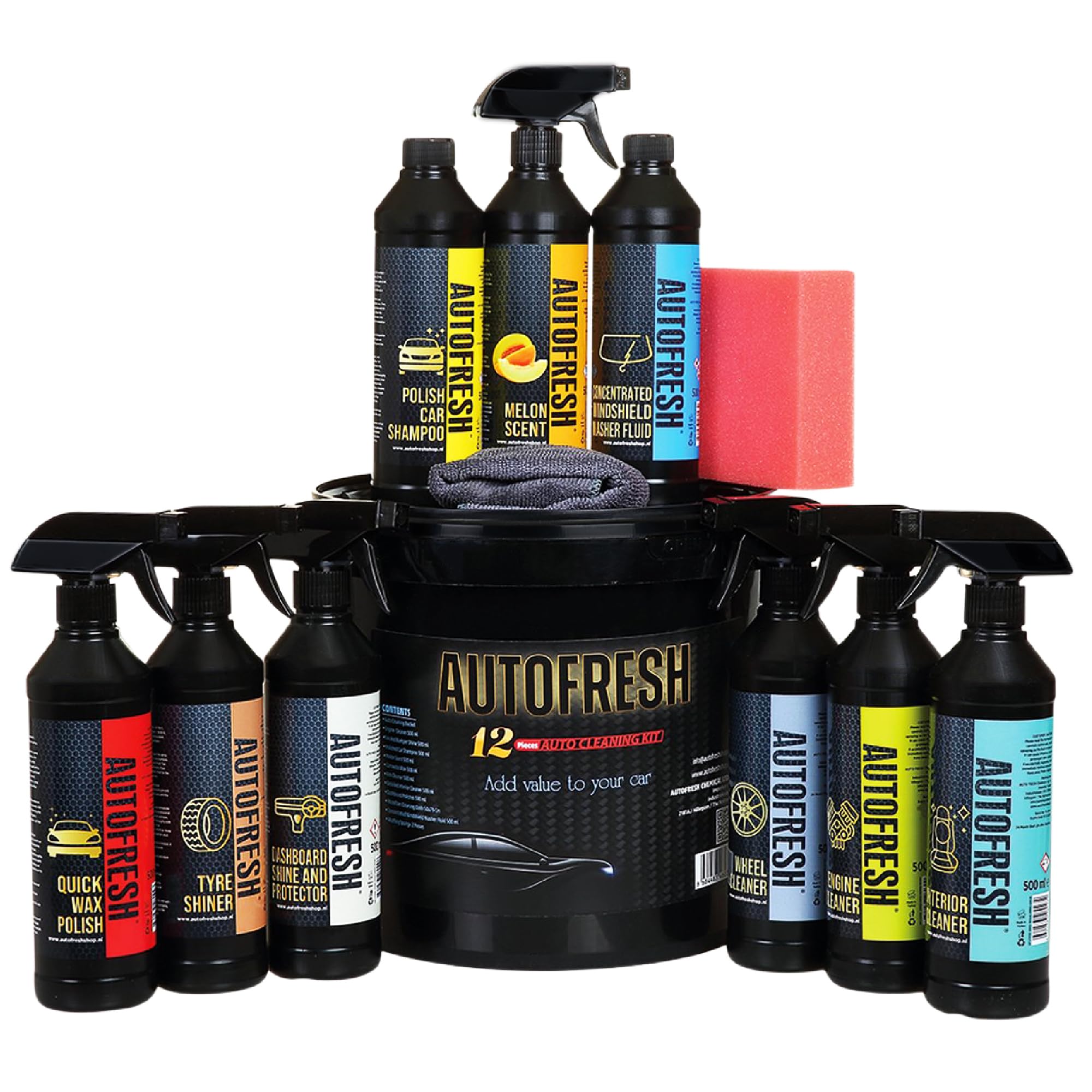 Autopflegeset 12-teilig - Auto Reinigungsset für Innen & Außen - Inkl. Autoshampoo, Felgenreiniger, Cockpitspray, Wachs, Innenraumreiniger, Schwamm & 10L Eimer - Großes Auto Putzset