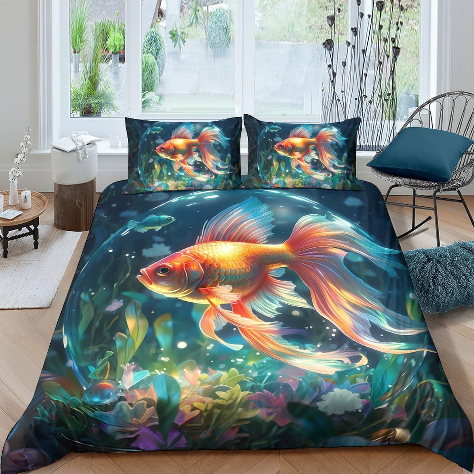 Ctjqhvkz Style-6 3D Printed Goldfish Art Fitted Sheet Microfiber Bedroom Decor Aquarium Watercolor Mattress Cover For Home Dorm Single（135X200cm）