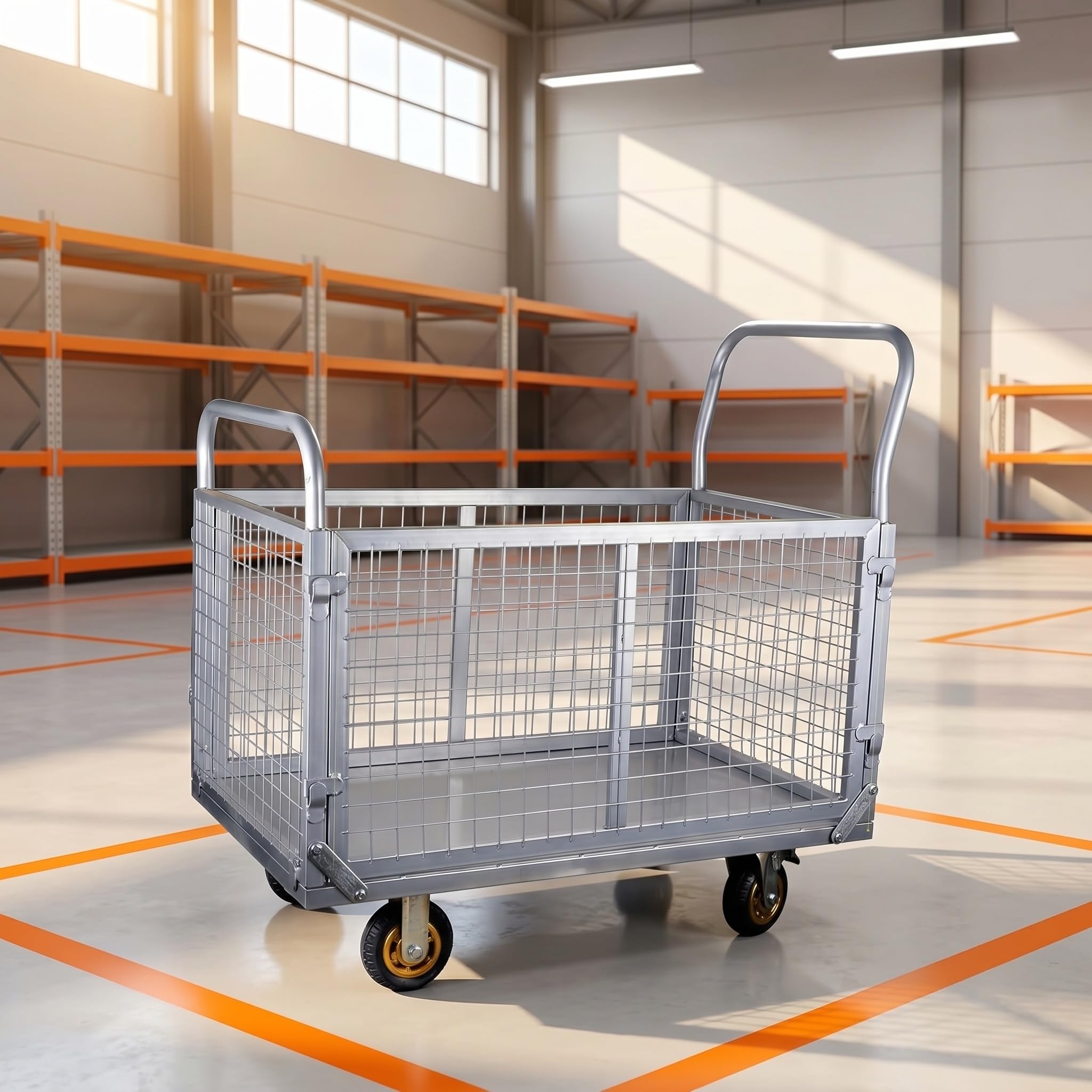6-in-1 Klappplattformwagen Mit Abnehmbarem Gitterkäfig, Robuste Flachbett-handwagen-sackkarre, 816 Kg Tragkraft, 6 Lenkräder Für Den Materialtransport Im Lager