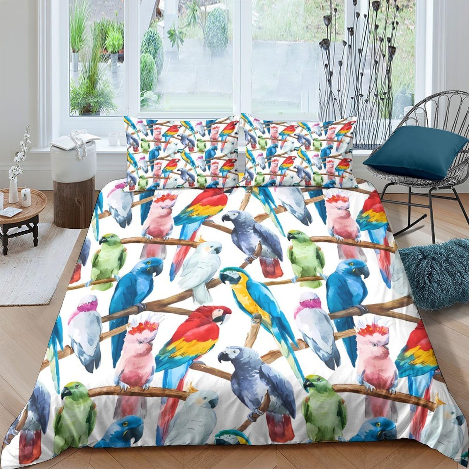 Ctjqhvkz Style-4 3D Printed Colorful Parrot Fitted Sheet Microfiber Soft Bird Pattern Mattress Cover For Bedroom Dorm Guest Room Decor Single（135X200cm）