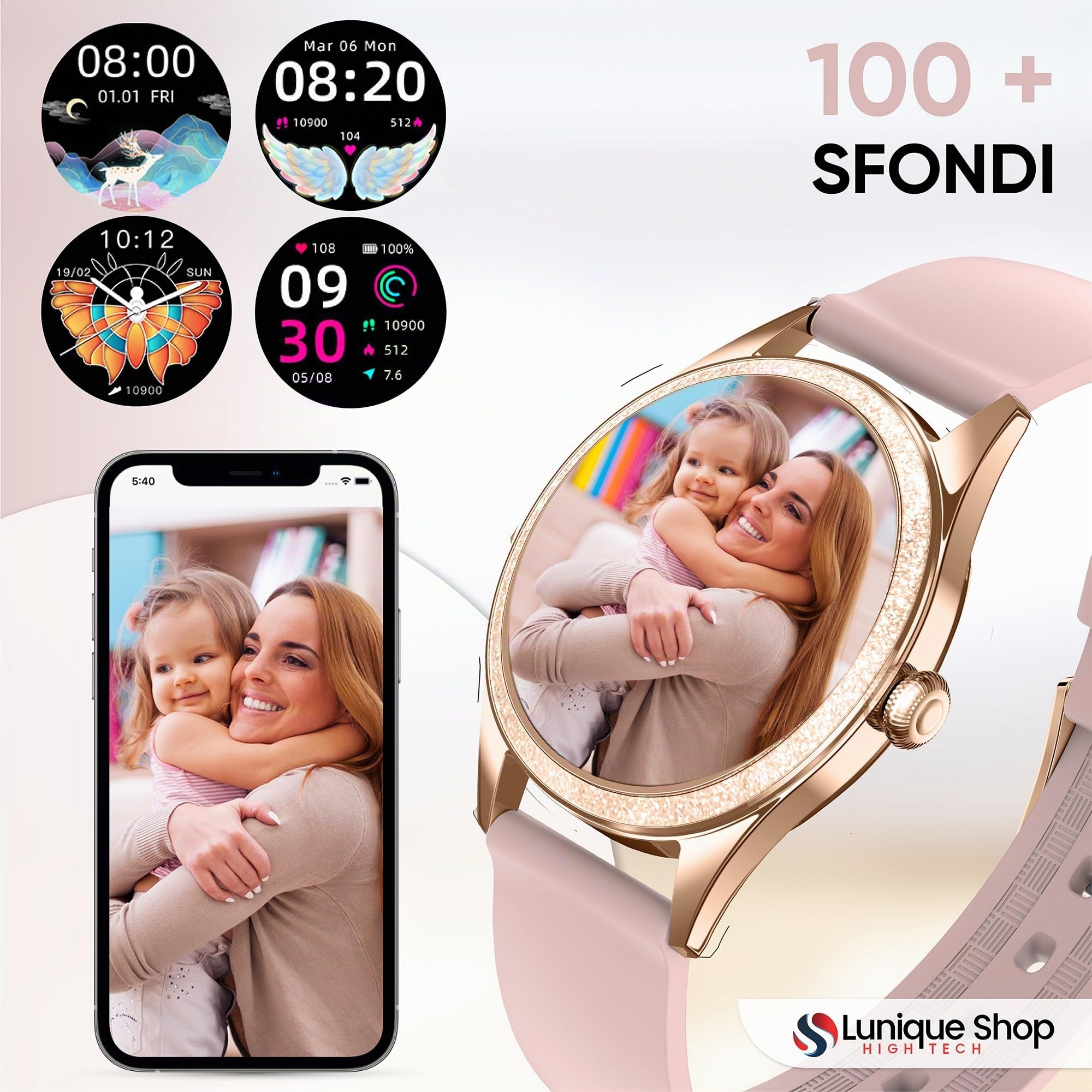 Smart Watch Donna Intelligente Brillante LSLUXE Rotondo | Orologio Fitness Tracker con GPS | Contapassi | Cardiofrequenzimetro | Saturimetro (SpO2) | Sonno Smart Band per Android iOS (Oro)