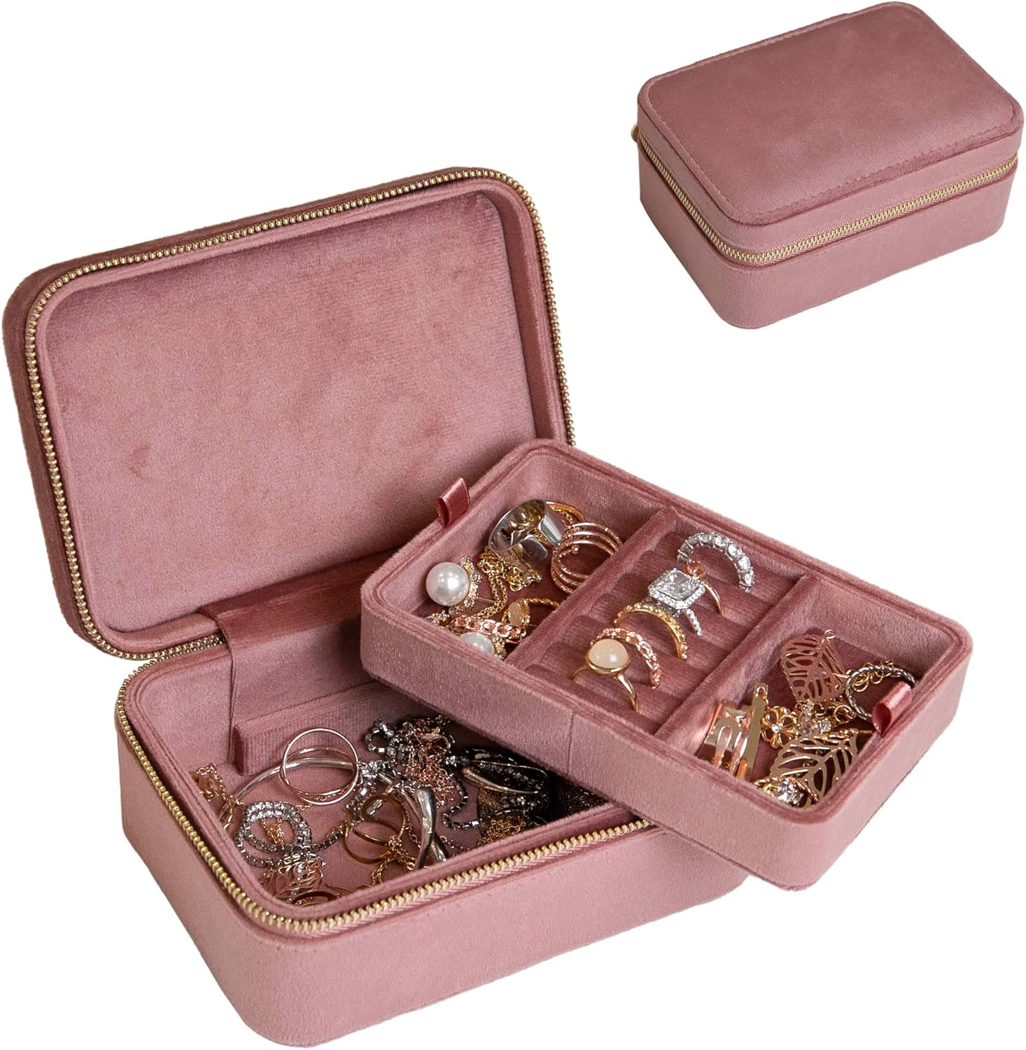 Customizable Two-tier Velvet Jewelry Box with Mirror, Travel Jewelry Case, Travel Jewelry Organizer, Jewelry Box for Women and Girls, Jewelry Holder Organizer (Bottom Right, Nude Pink)