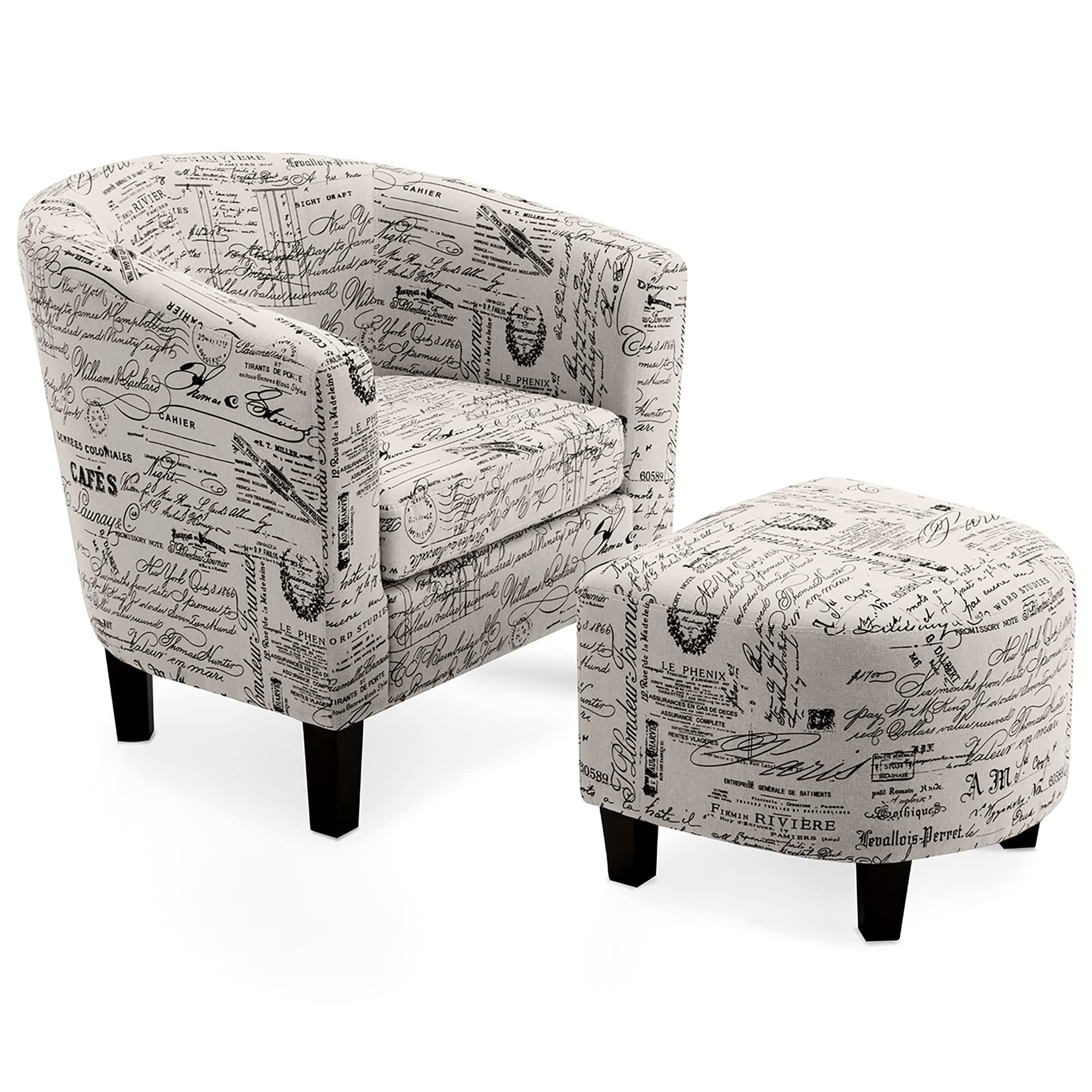 Belleze Accent Tub Chair Curved Back French Print Script Linen Fabric w/ Ottoman Modern Stylish Round Armrest, Beige