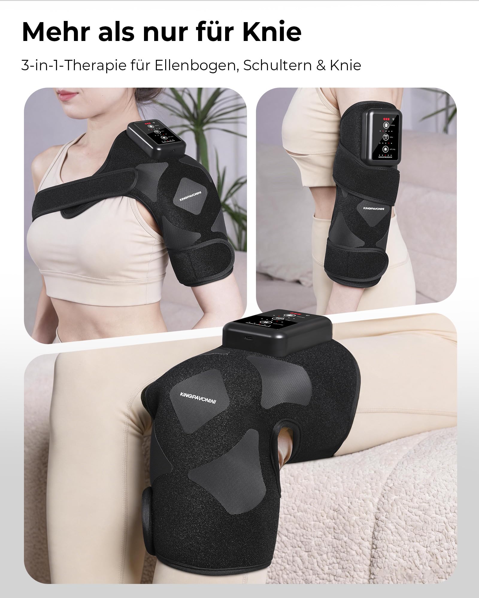 KingPavonini Kabellose Kniemassagegerät mit Wärme, Rotlichttherapie und 4-Motor-Vibration, Kniebandage Massagegerät gegen Knieschmerzen, 5 Wärmestufen & 5 Rotlichtmodi, Geschenk für Mama Papa(1 Stück)