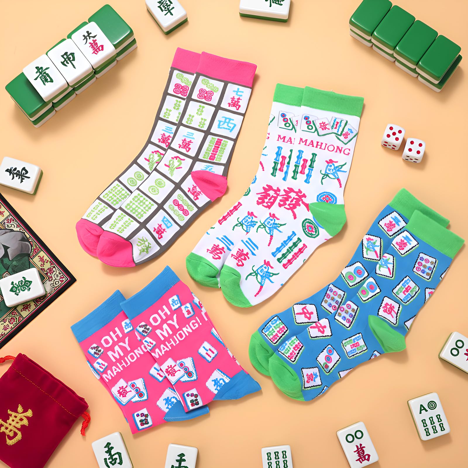 Shihanee 16/12 /8 Pair of Mahjong Socks for Women Funny Mah Jong Themed Socks with Classic Patterns Gifts for Mahjong Lovers