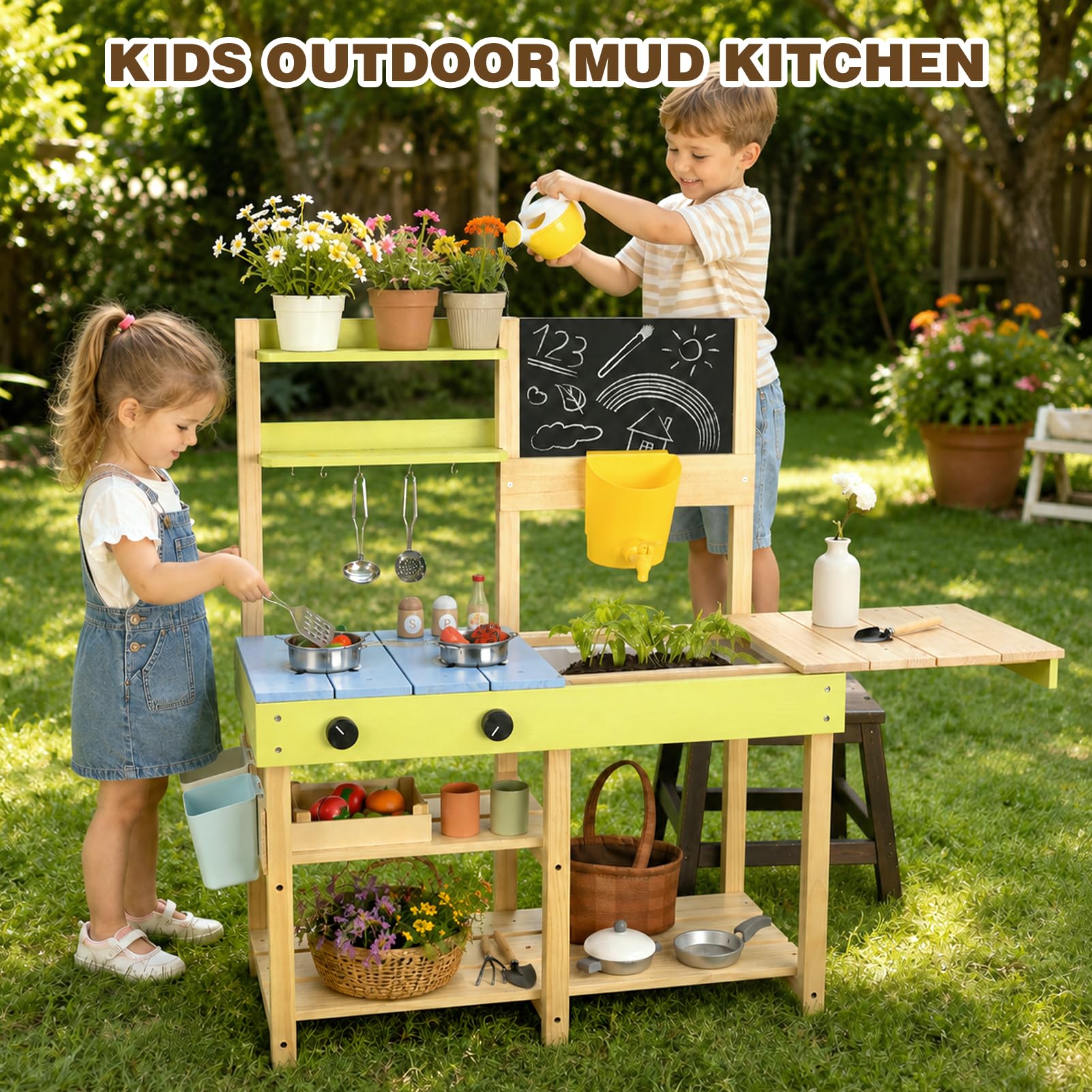 Dreamon Cuisine Extérieur Enfant en Bois avec Évier Amovible - Mud Kitchen Enfant avec Tableau Noir, Outils de Jardin- Accessoires de Cuisine en Boue pour Les Enfants à partir de 3 Ans