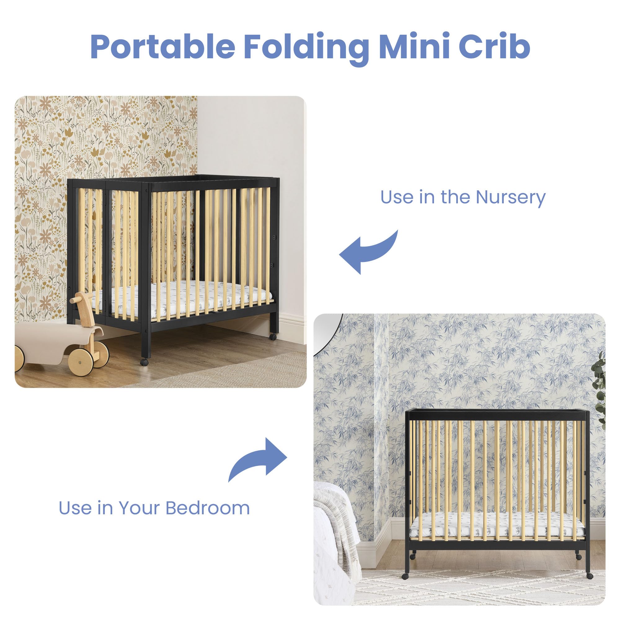Delta Children Mia Portable Folding Mini Crib with 1.5-Inch Mattress - Greenguard Gold Certified, Ebony Black/Natural