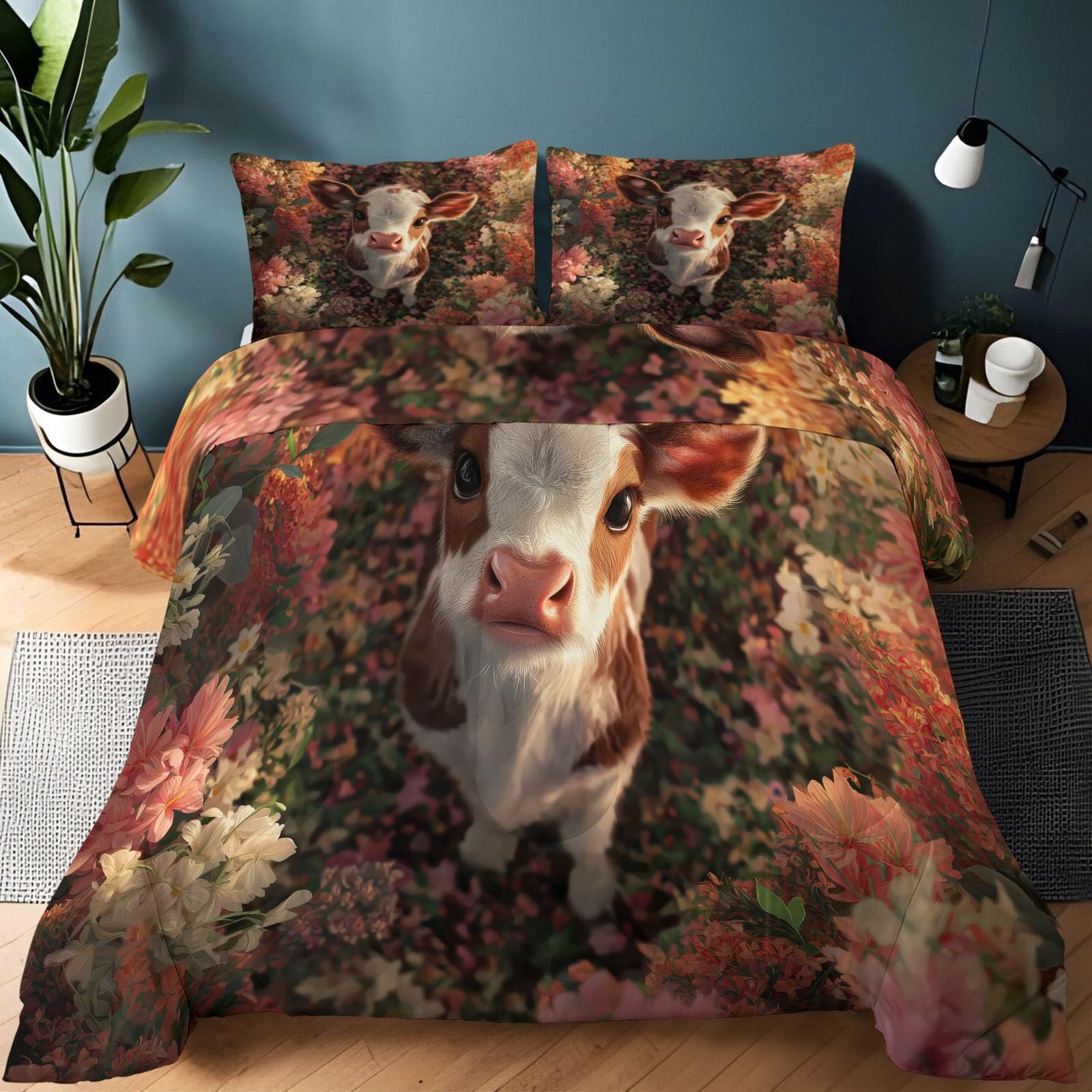 Bettdecke 4 Jahreszeiten 180 x 200 cm, Waschbar Landschaft Tiere Kälber Blumen Steppdecke Warmes Gelb Ganzjahresdecke, Weich & Anti-Allergisch Bettwaren für Kinderzimmer Dekor, Landhaus Schlafzimmer