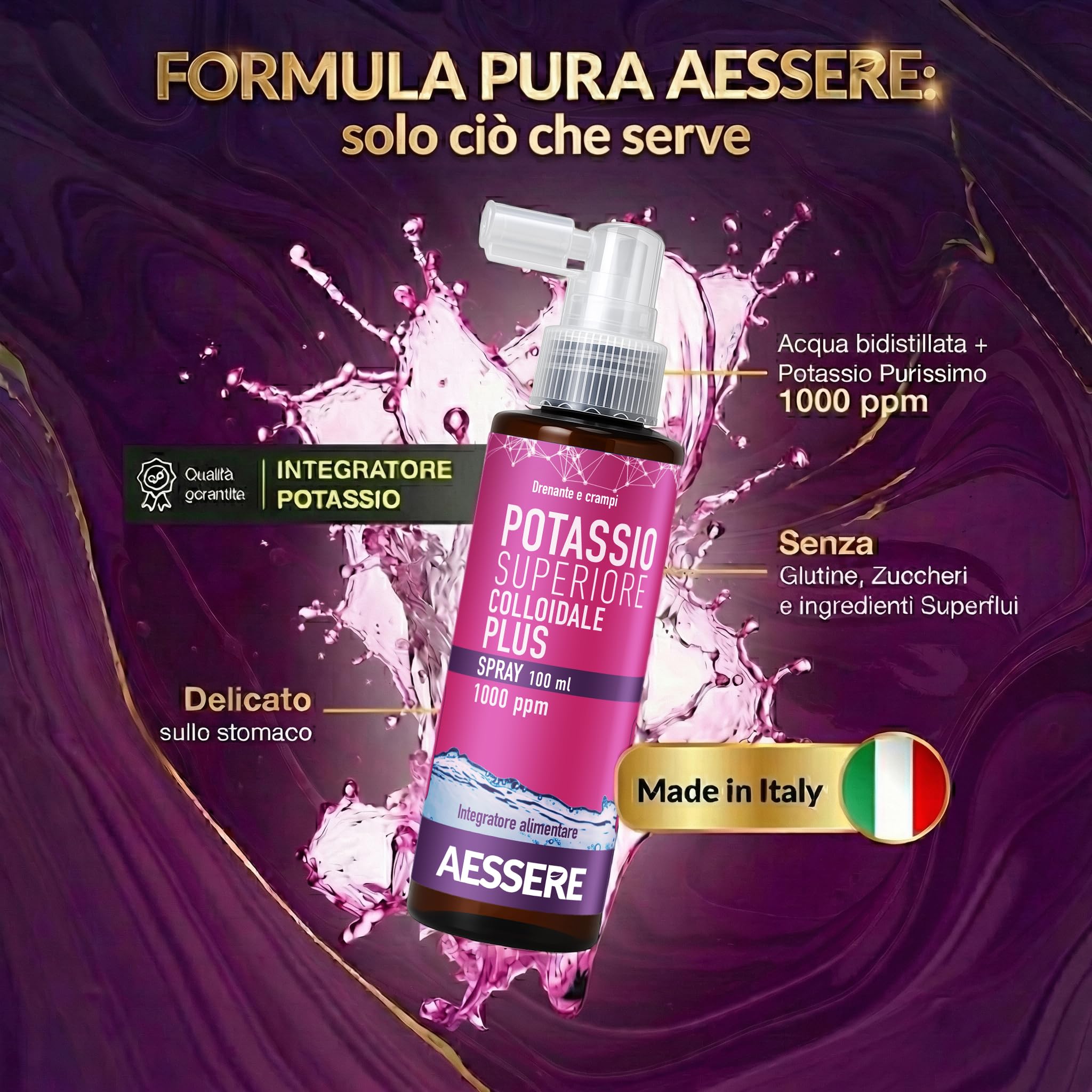 Potassio Colloidale Spray - Integratore di Potassio Plus ad Alta Biodisponibilità 1000 ppm Supporto per Crampi, Muscoli e Sistema Nervoso, Senza Zuccheri, Gusto Neutro - Made in Italy- Aessere 100ml
