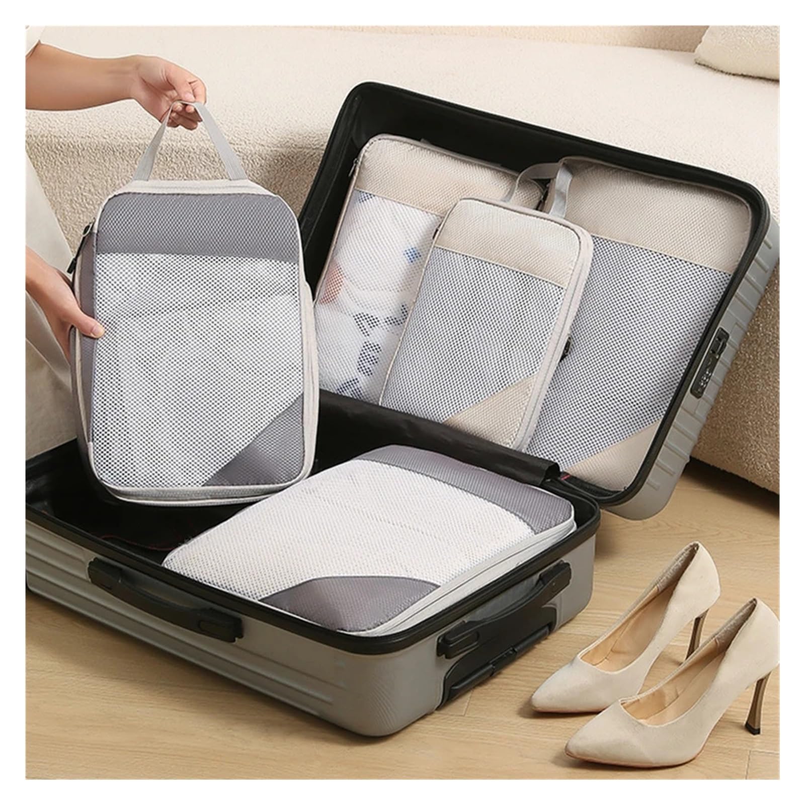 Organizer Viaggio Set da 3 pezzi, borsa viaggio con cubo di compressione, leggera, organizer for vestiti, accessori for bagagli(Grey 3-piece set)