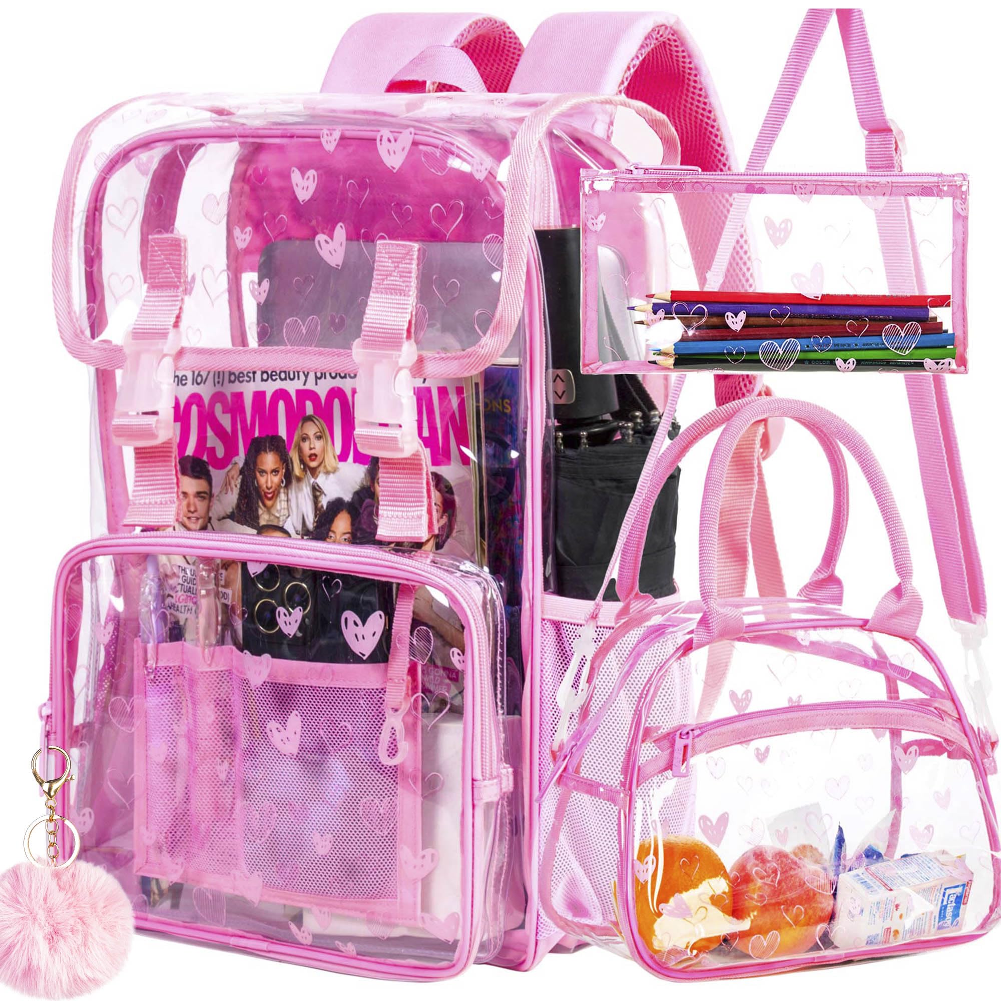 FTJCF 3PCS Pink Clear Backpack, Heavy Duty Transparent Bookbag for Girls Women, Stadium Approved See Through Backpack Set (Pink Love)