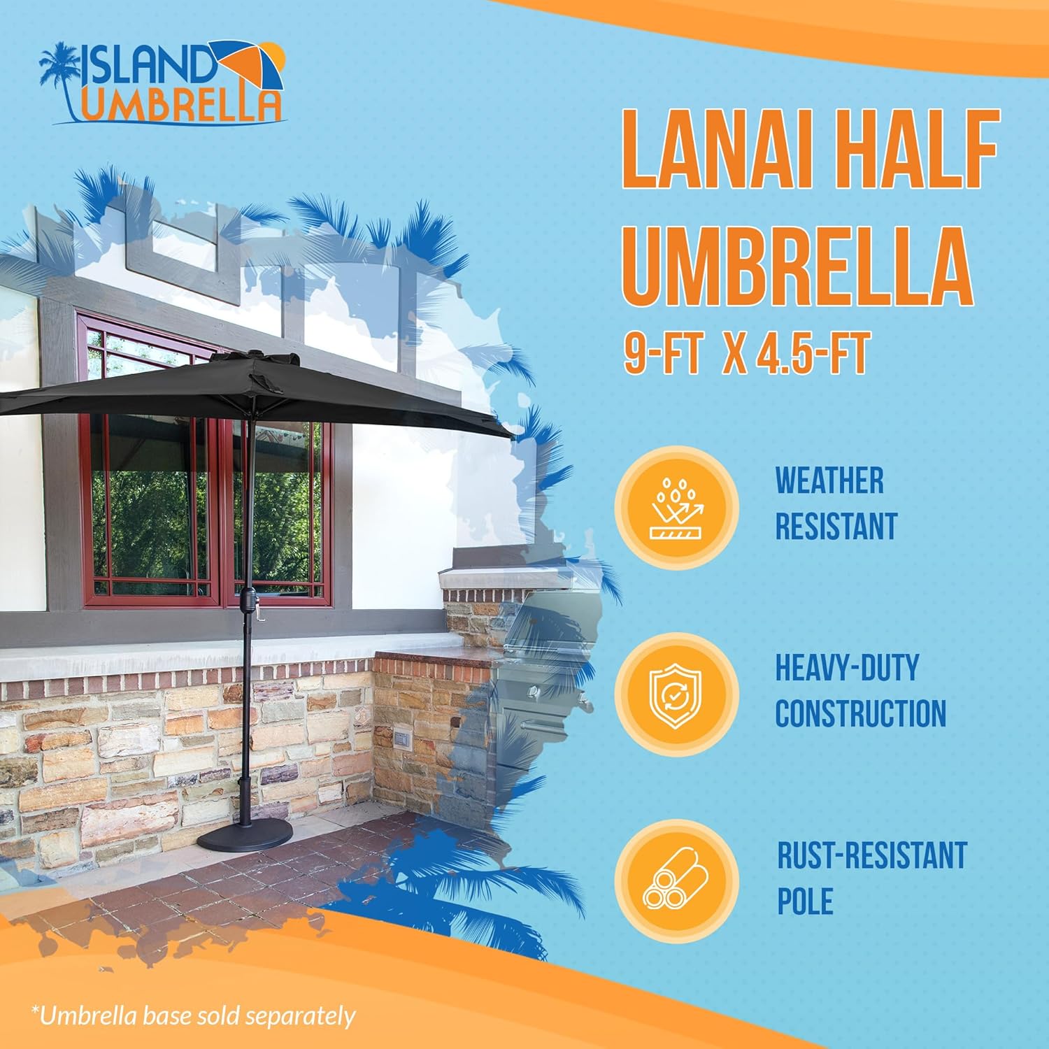 Island Umbrella Lanai 9 ft Outdoor Half Umbrella for Wall Spaces, Patio, Balcony – with Crank Lift, Wind Vent, Fade & Water-Resistant Polyester Canopy, Powder-Coated Steel Pole & 5-Rib Frame – Black
