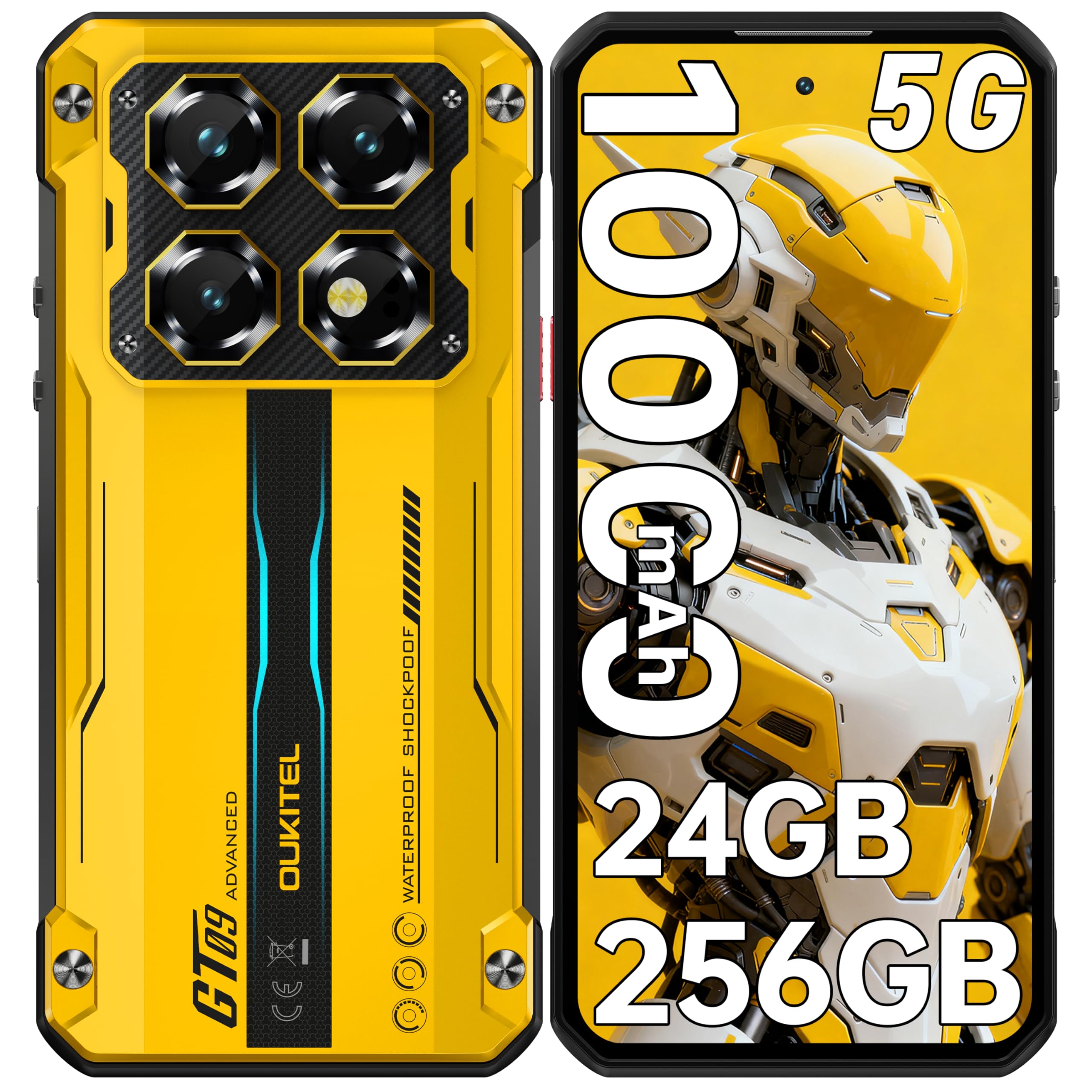 WP60 Movil Irrompible 5G, 24GB+256GB/2TB Android 15 Móvil Rugerizado 2026, 7,2''HD+ 120Hz Pulgadas Teléfono Resistente, Batería 10000mAh, 108MP+32MP+8MP, 5G Dual SIM/NFC/OTG/Face ID, Amarillo