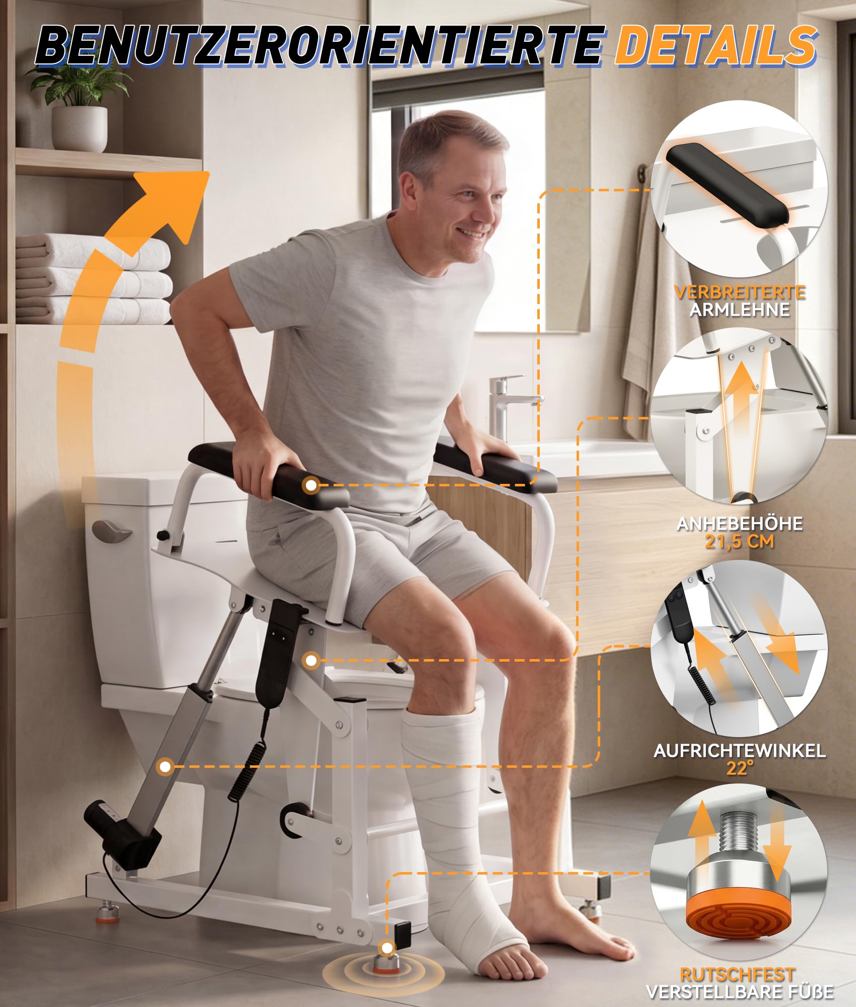 Rialzo per WC elettrico con supporto per alzarsi fino a 205 kg, regolabile in altezza di 22 cm, braccioli antiscivolo, per anziani e persone con disabilità, adatto per WC rotondi e ovali
