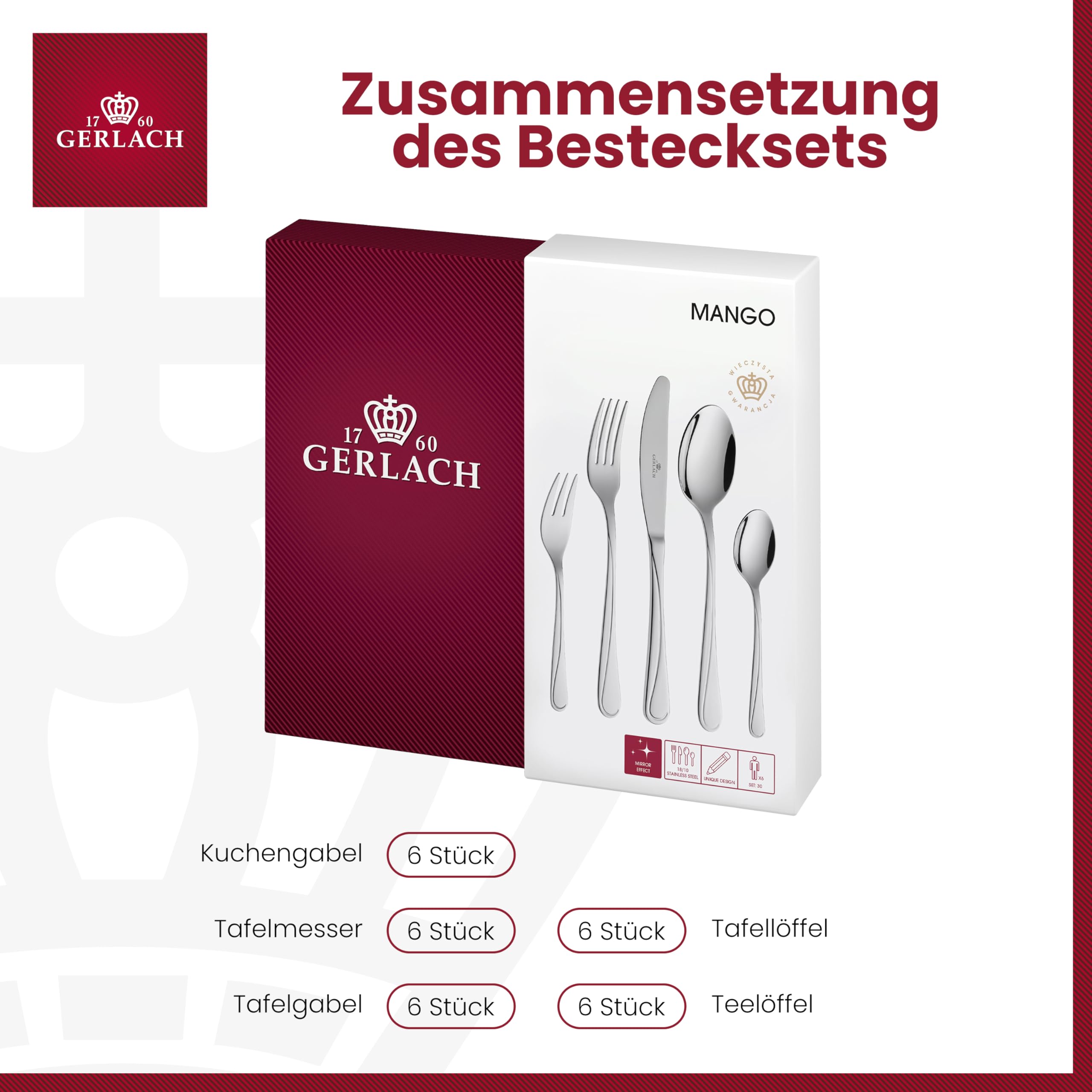 Gerlach 1760 Besteck Set Edelstahl 6 Personen 30 Teilig Besteckset Spülmaschinengeeignet Rostfrei Messer Gabel Löffel Glänzend Essbesteck Mango, Silber