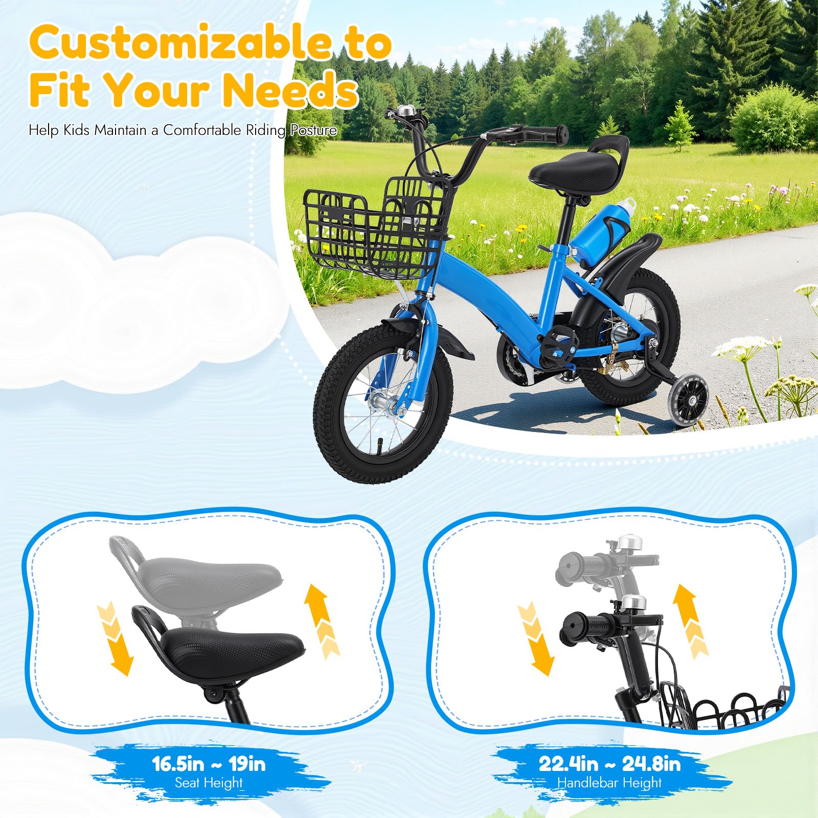 12 Zoll Kinderfahrrad, Höhenverstellbarer Sitz und Lenker, Kinder Fahrrad für 2-5 Jahre Upgraded Kinders Trainingsfahrrad mit Stützrädern, Korb & Wasserflasche Mädchenfahrrad Jungenfahrrad