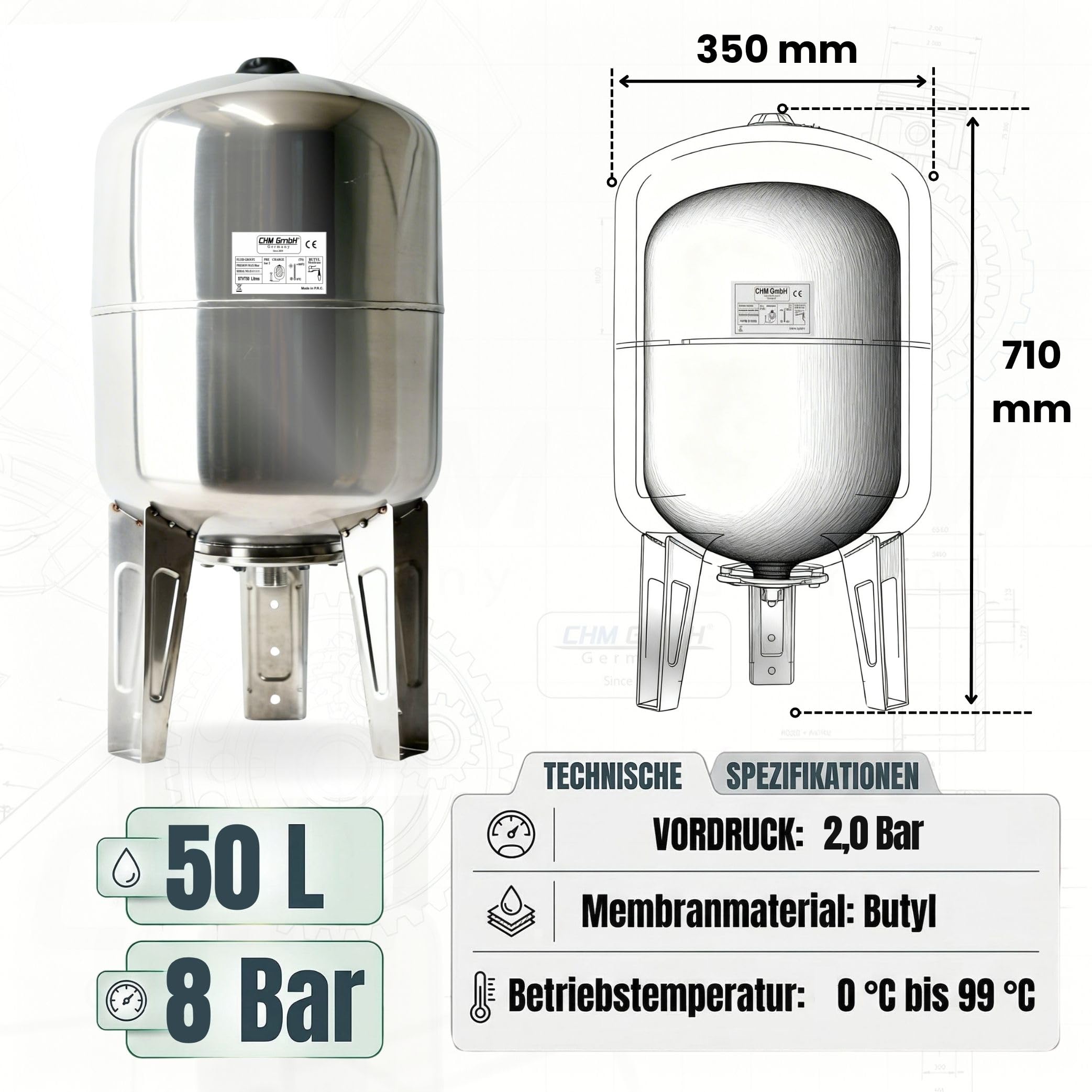 Druckkessel Membrankessel vertikal 50 L Edelstahl max. 8 Bar, Ausdehnungsgefäß stehend
