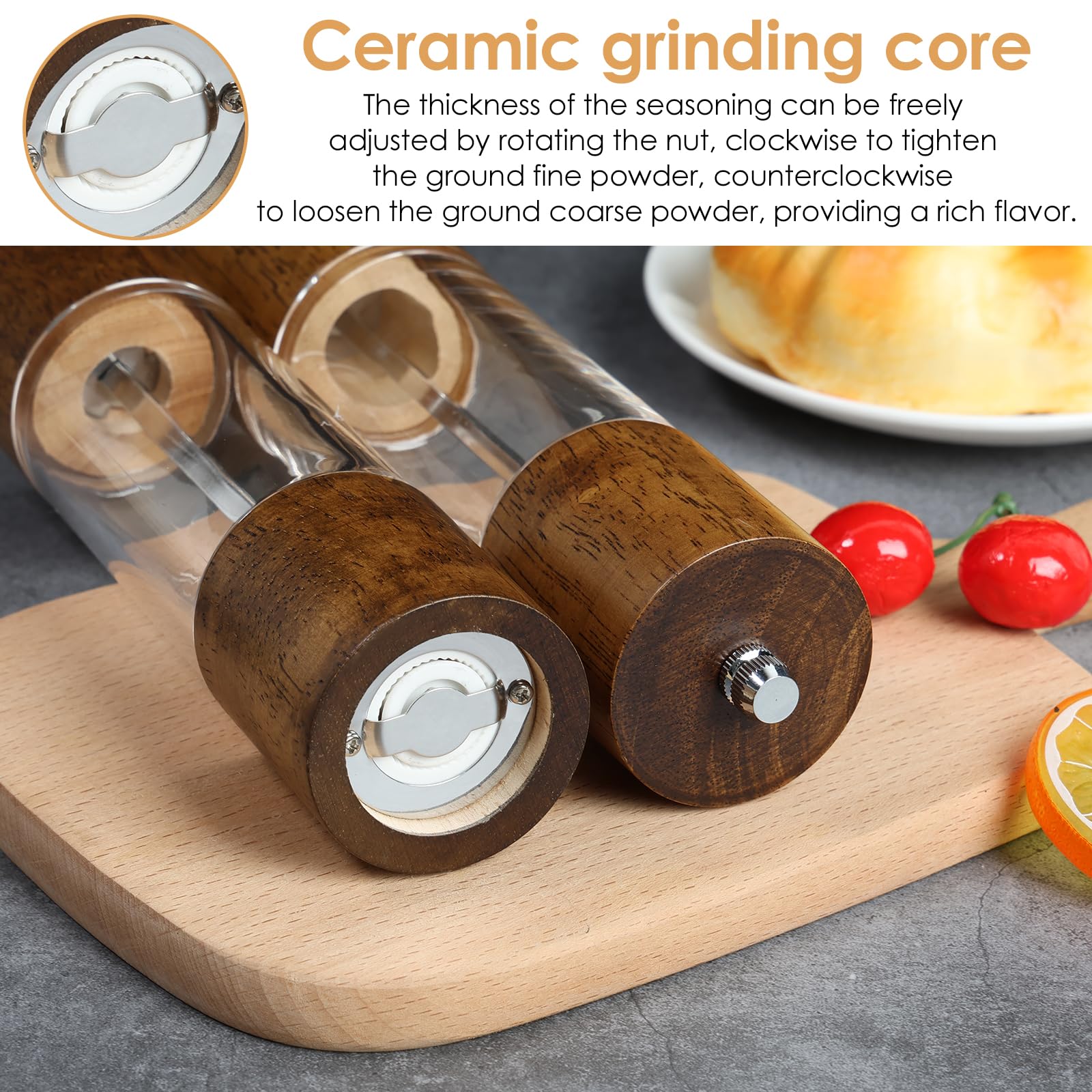 Wooden Salt And Pepper Grinder Set - 2-Piece 8 Inch Mills With Adjustable Coarseness & High-Capacity Acrylic Bottle