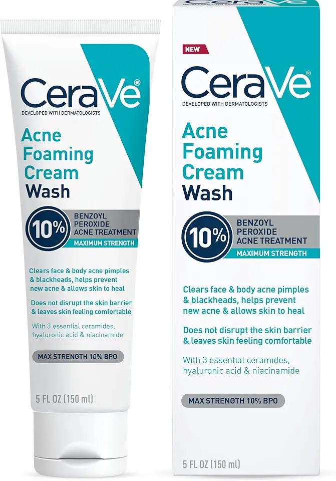 CeraVe Acne Foaming Cream Wash, Gentle Face and Body Cleanser with Benzoyl Peroxide 10%, Hyaluronic Acid, and Niacinamide, 10% Benzoyl Peroxide Treatment Clears Pimples and Blackheads 5 Oz