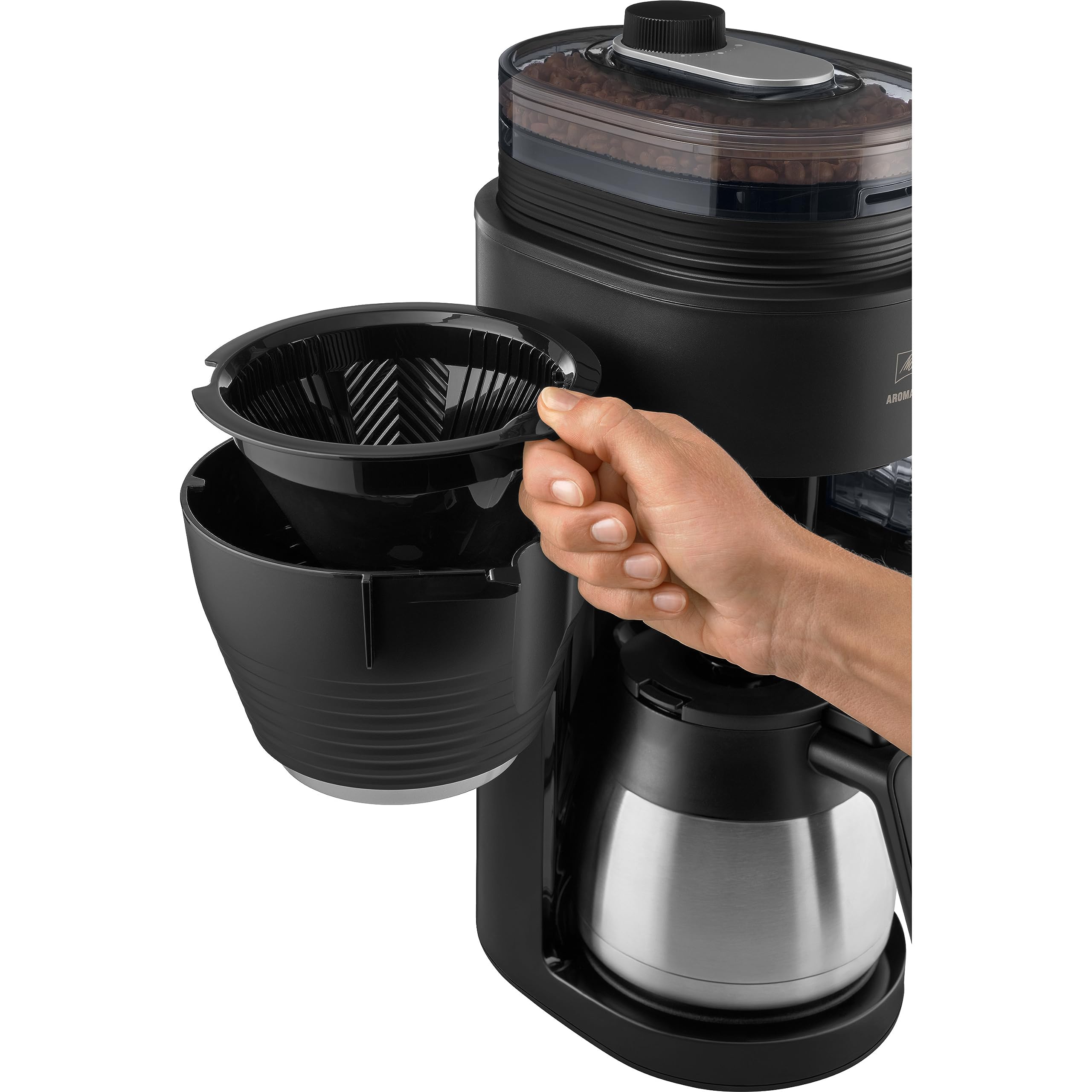 Melitta AromaFresh Therm Pro X – ekspres do kawy z młynkiem, przelewowy ekspres do kawy z dzbankiem termicznym i wyjmowanym zbiornikiem na wodę, na maks. 8 filiżanek kawy, czarny