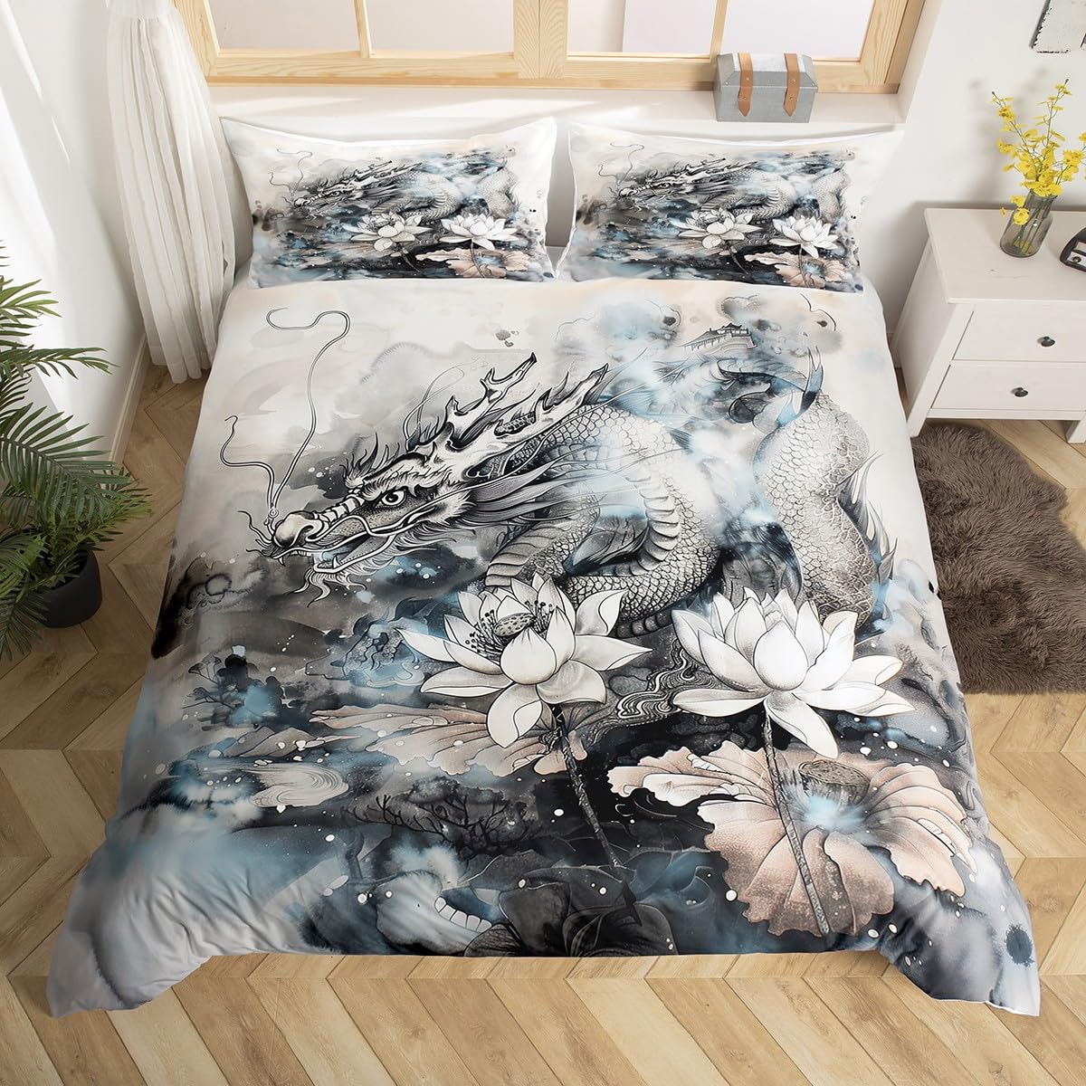 Parure de lit dragon chinois housse de couette motif tie-dye et lotus grand lit