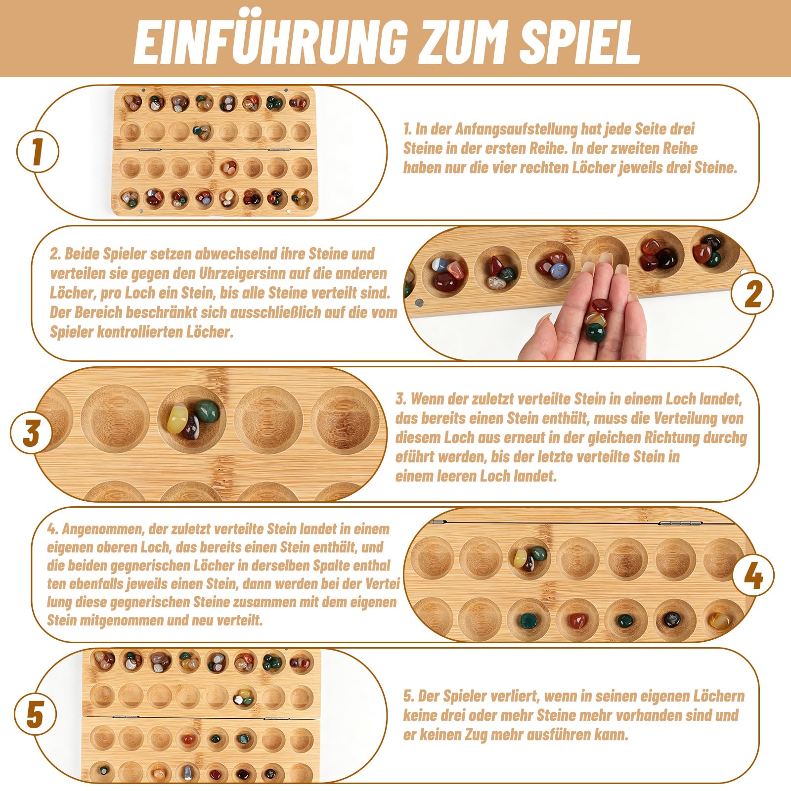 Jeu de pierres Kalaha - Jeu de pierres précieuses pliable en bois avec 65 pierres, double jeu, jeux de puzzle, jeux de stratégie pour voyages, fêtes, activités scolaires, 47 x 14,5 x 4 cm