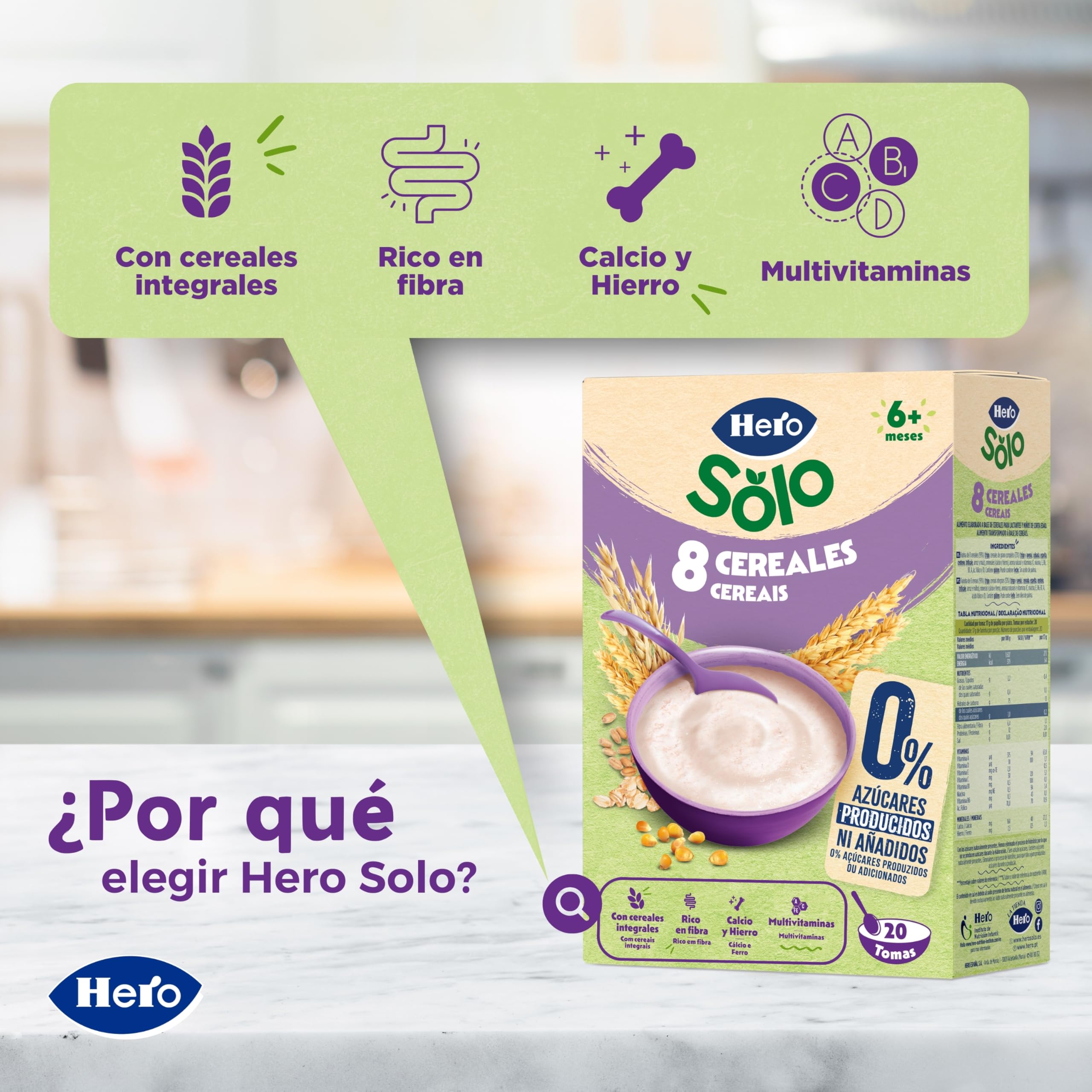 Hero Solo Papilla 8 Cereales Sin Azúcares Añadidos para Bebés a partir de 6 meses