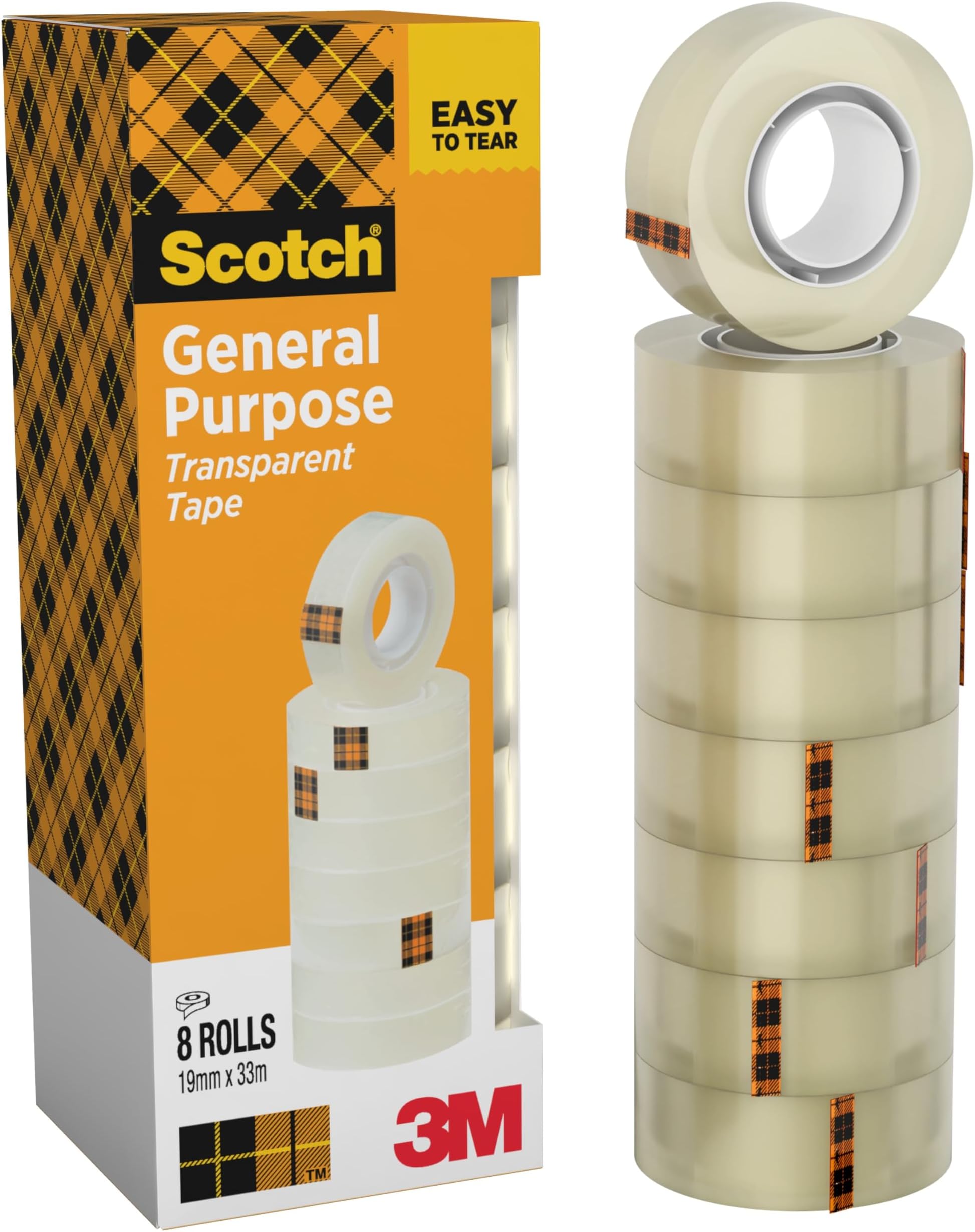 Transparent Tape, 8 Rolls (19 mm x 33 m) - General Purpose Clear Tape for School, Home and Office (Packaging may differ)