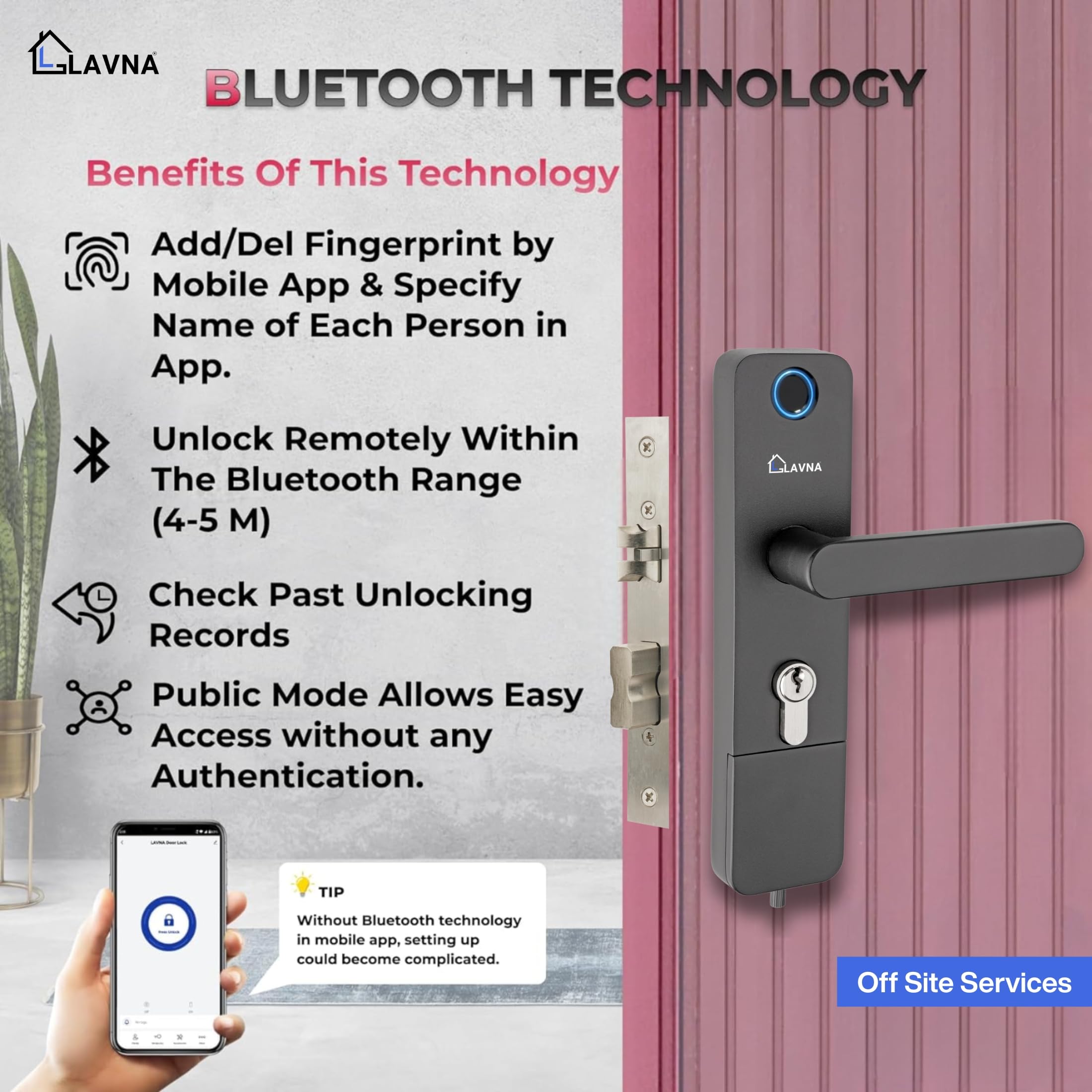 LAVNA Digital Door Lock | 3 Way Access | Fingerprint, Mobile app, Key Access | 2 Locking Bolts | Suitable for 30 mm to 45mm Wooden Door fit with Right N Left Door Side (LA14, Smart) 1