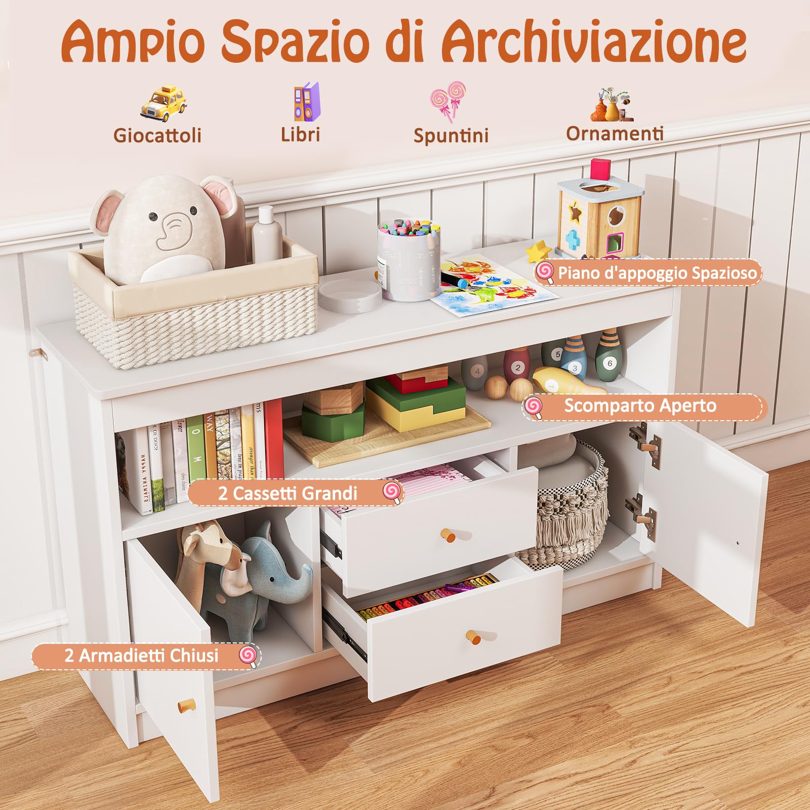 GYMAX Armadio di Giocattoli per Bambini, Mobile con 2 Cassetti, 2 Armadi Chiusi e 1 Scomparto Aperto, Scaffale Libreria in Legno da Pavimento per Sala Giochi, Asilo, Cameretta, 106x30x62 cm (Bianco)
