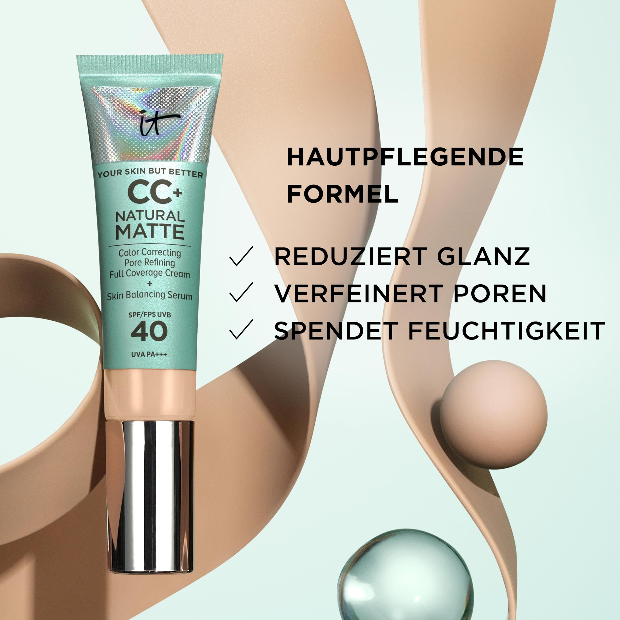 IT Cosmetics Your Skin But Better CC+ Cream Natural Matte LSF 40, 32 ml, Glanz reduzierende, farbkorrigierende und pflegende Foundation mit LSF 40, Getönte Gesichtscreme