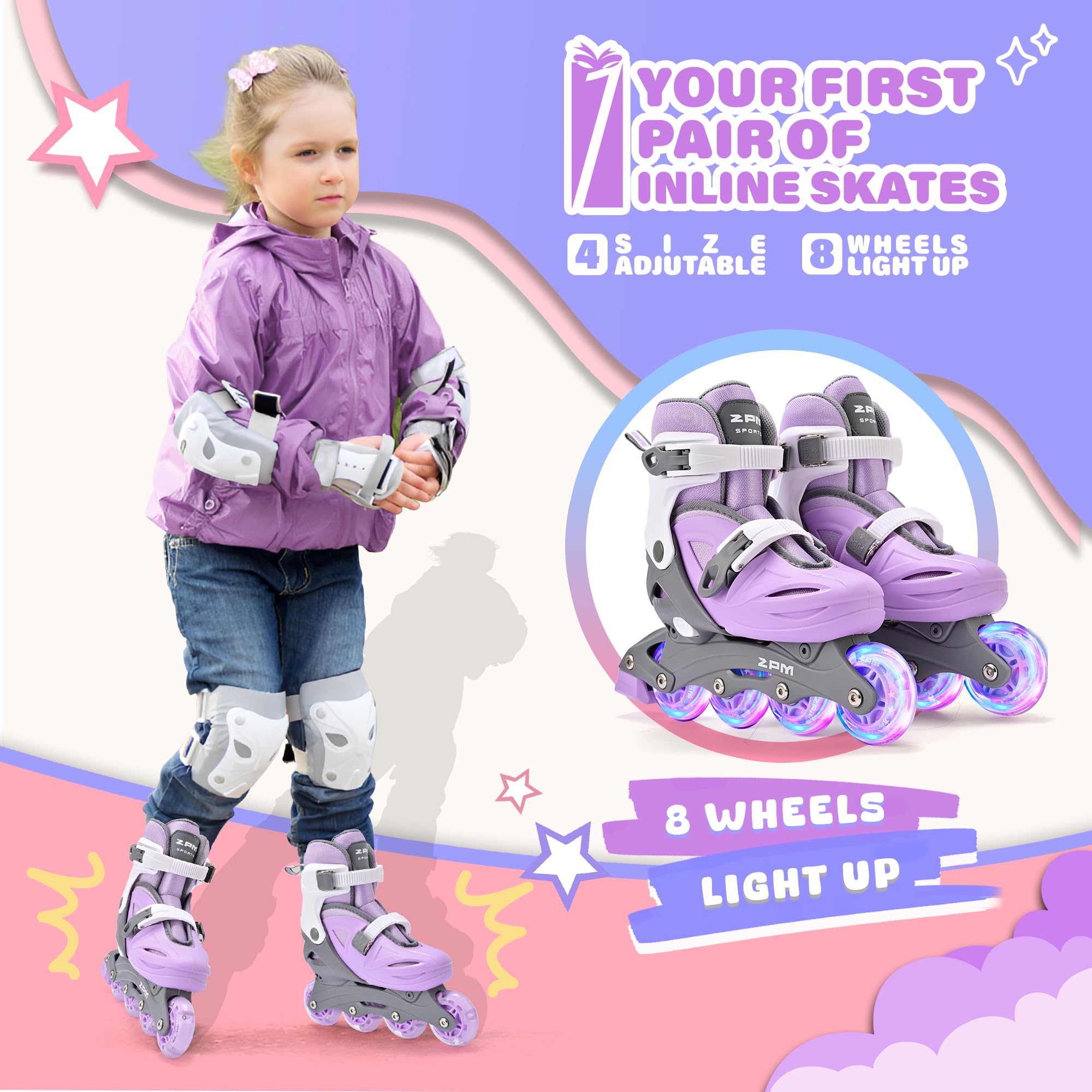 2PM SPORTS Girls Adjustable Illuminating Inline Skates with Light up Wheels, Fun Flashing Beginner Roller Skates for Kids - Purple Large