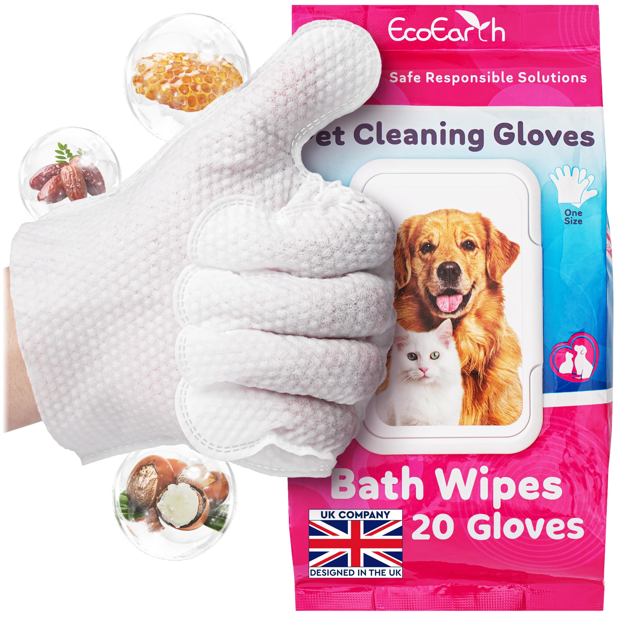 Premium Pet Cleaning Gloves for Dogs & Cats - 1 Bag of 20 Pcs - Disposable Glove Wipes for Bathing, Deodorising & Grooming - Dog Bath Mitts for Paws, Fur, Face & Butt - Hypoallergenic + Lick Safe