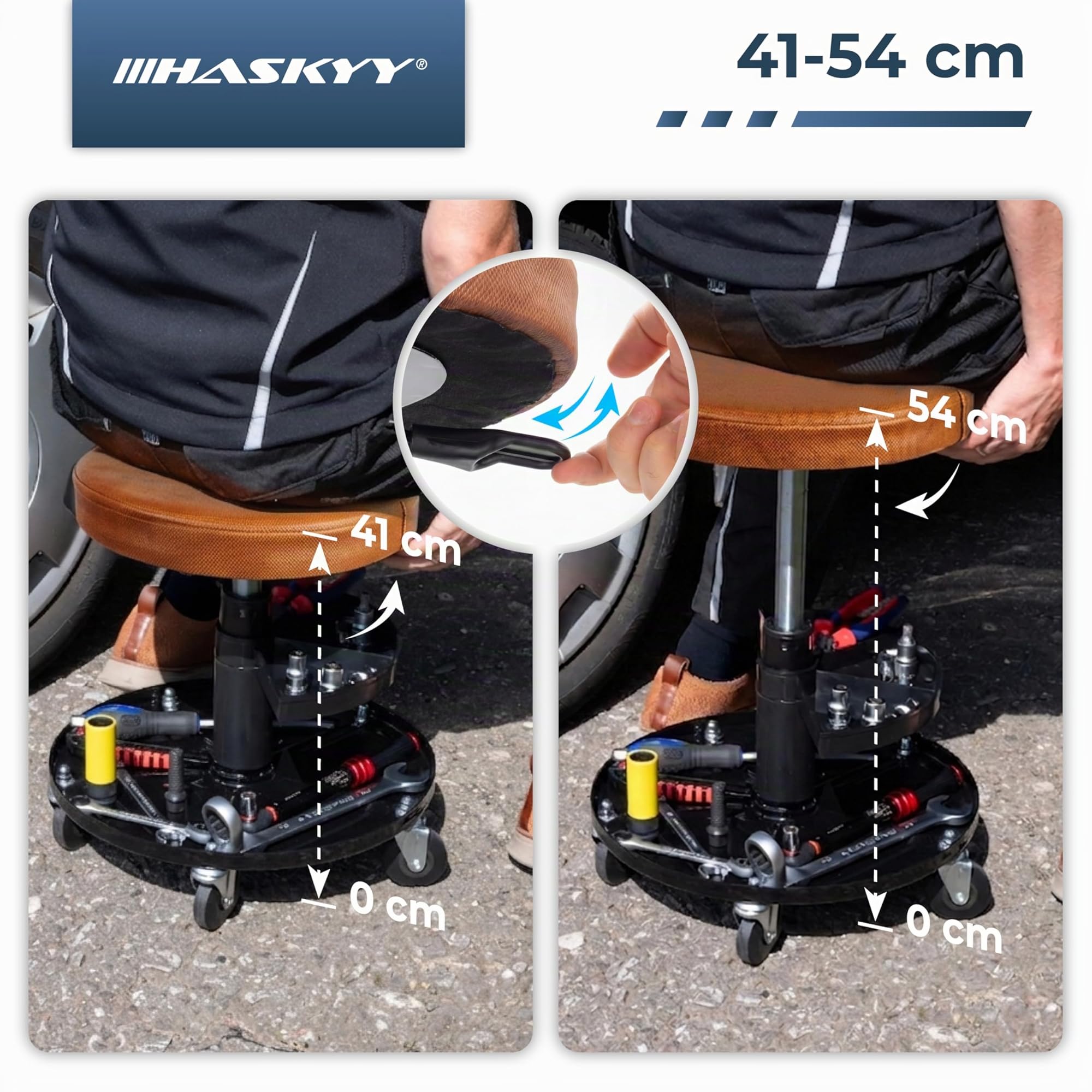 HASKYY Werkstatthocker Rollhocker | Höhe 430-580mm I Sitz Geleinlage | Werkstatt-Arbeits-Hocker-Stuhl-Sitz I 135kg | ø40 cm | 2 Ablagen