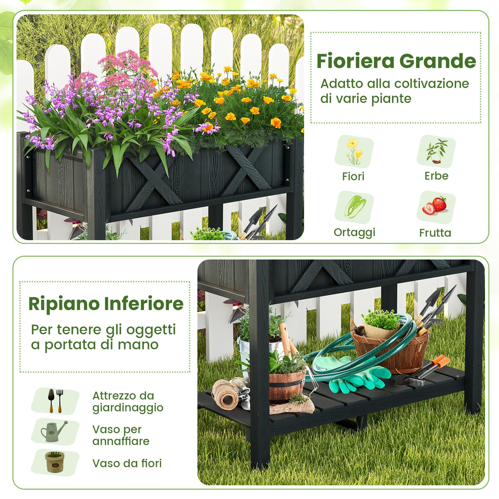 RELAX4LIFE Fioriera da Esterno, Orto Rialzato da Esterno con 12 Fori di Drenaggio, Fioriera Legno con Ripiano Inferiore per Fiori, Erbe e Frutta, per Balcone, Giardino (86x45x73cm, Nero)