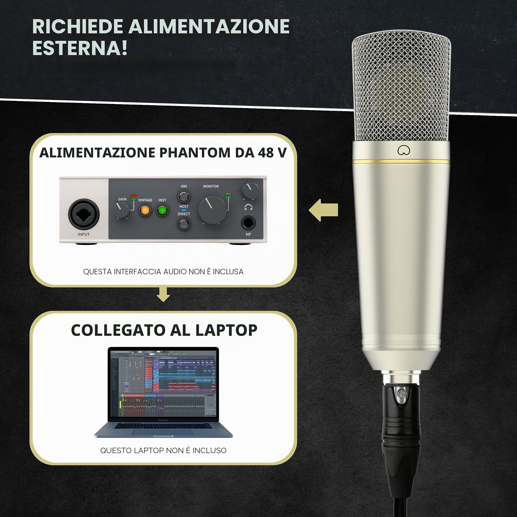 MA-67 Microfono a Condensatore da Studio, Capsula a Diaframma Grande Dorato da 34mm, Include Filtro Anti-Pop Hydro, Supporto Antiurto in Metallo, Cavo XLR e Borsa per Microfono - per Produzione