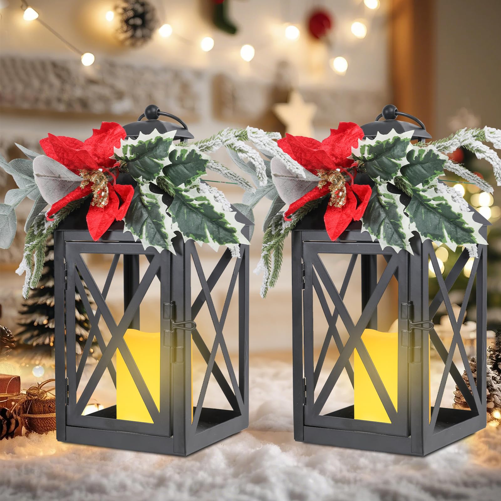Faroles de Navidad decorativos para interiores, paquete de 2 faroles de Navidad para exteriores, faroles decorativos de vela de 12 pulgadas, luz sin llama con flores y vegetación para centros de mesa