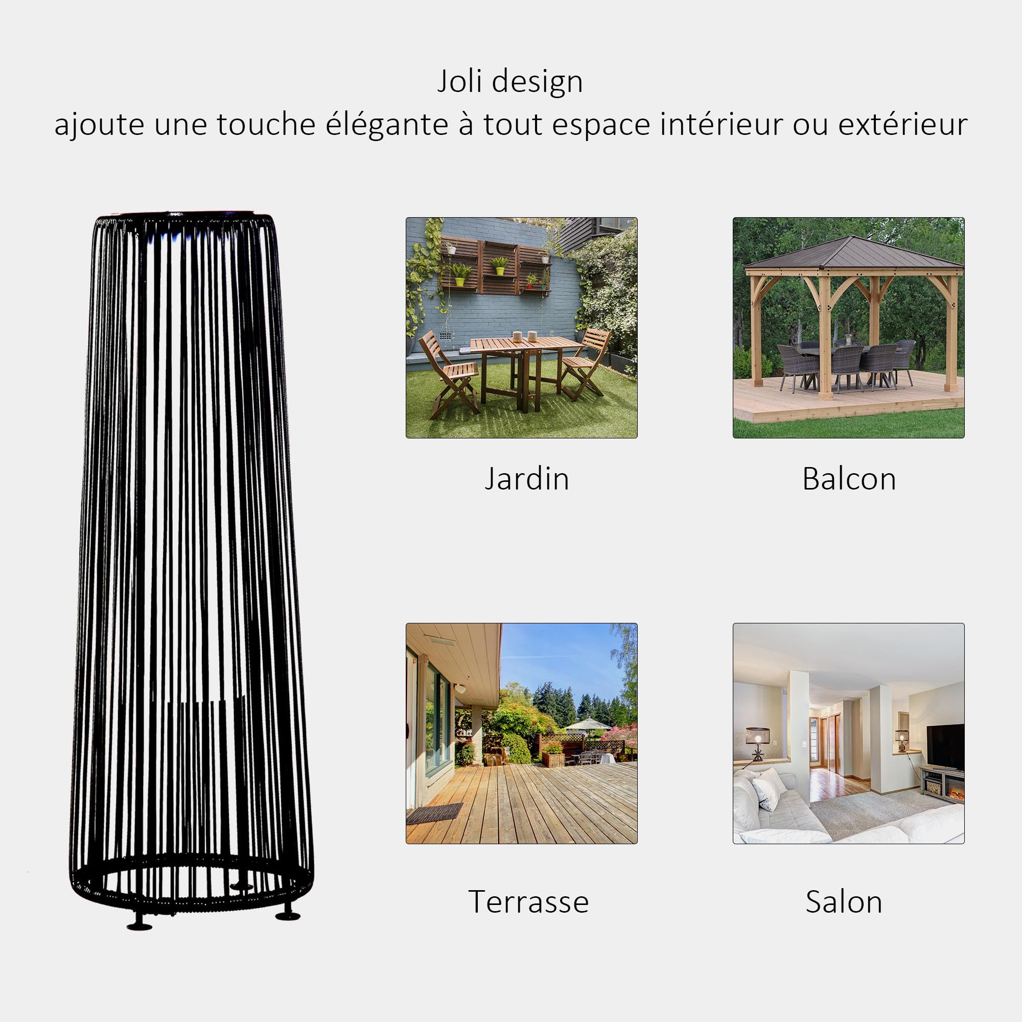 Outsunny Lampadaire LED Jardin Colonial Ø 21,5 x 61H cm Résine Tressée Noire