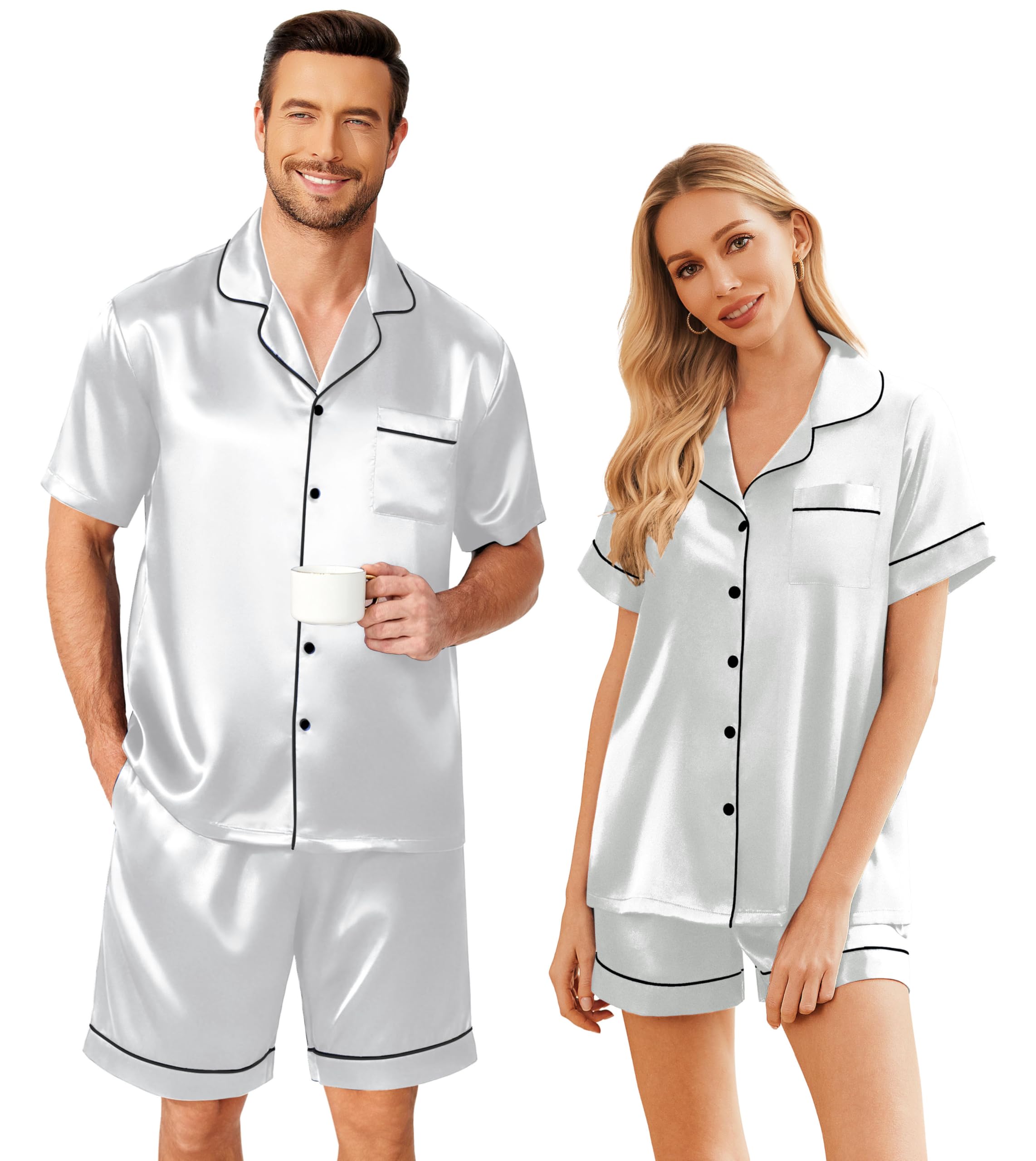 Photo 1 of **MISSING FEMALE PJ SET**
Ekouaer Couples Pajamas Silk Pjs Matching Set Satin Short Sleeve Button Down Loungewear Soft Sleepwear Light Grey,XL