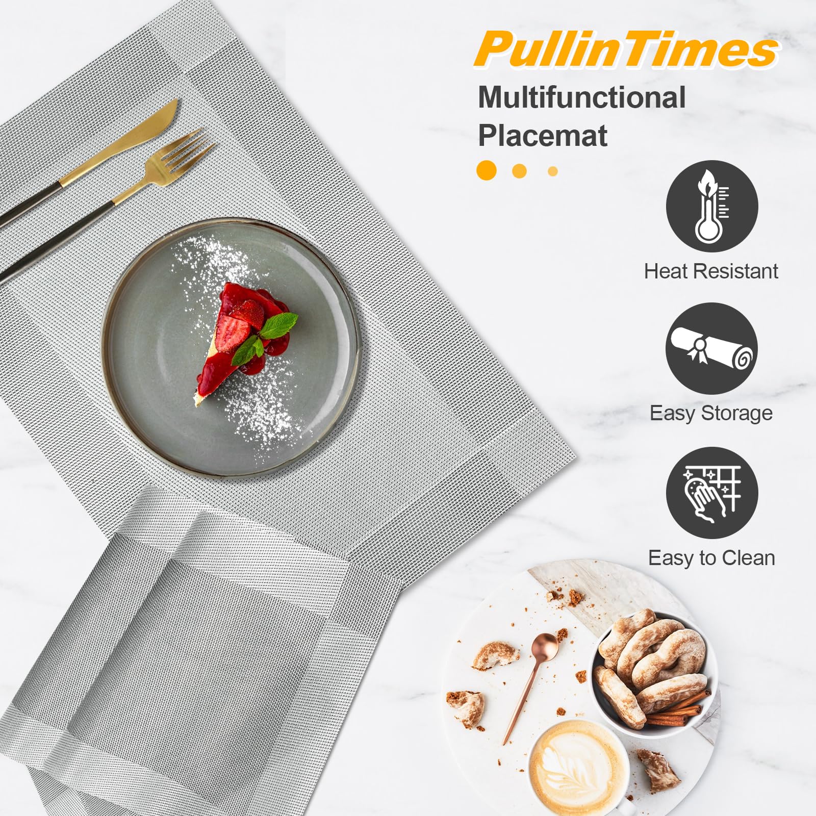 PullinTimes Placemats Set of 6,Table Placemats of PVC,Washable Non-slip Heat Resistant Dining Table Mats for Home Restaurant Hotel 45CM x 30CM (Grey+Silver) - Image 4