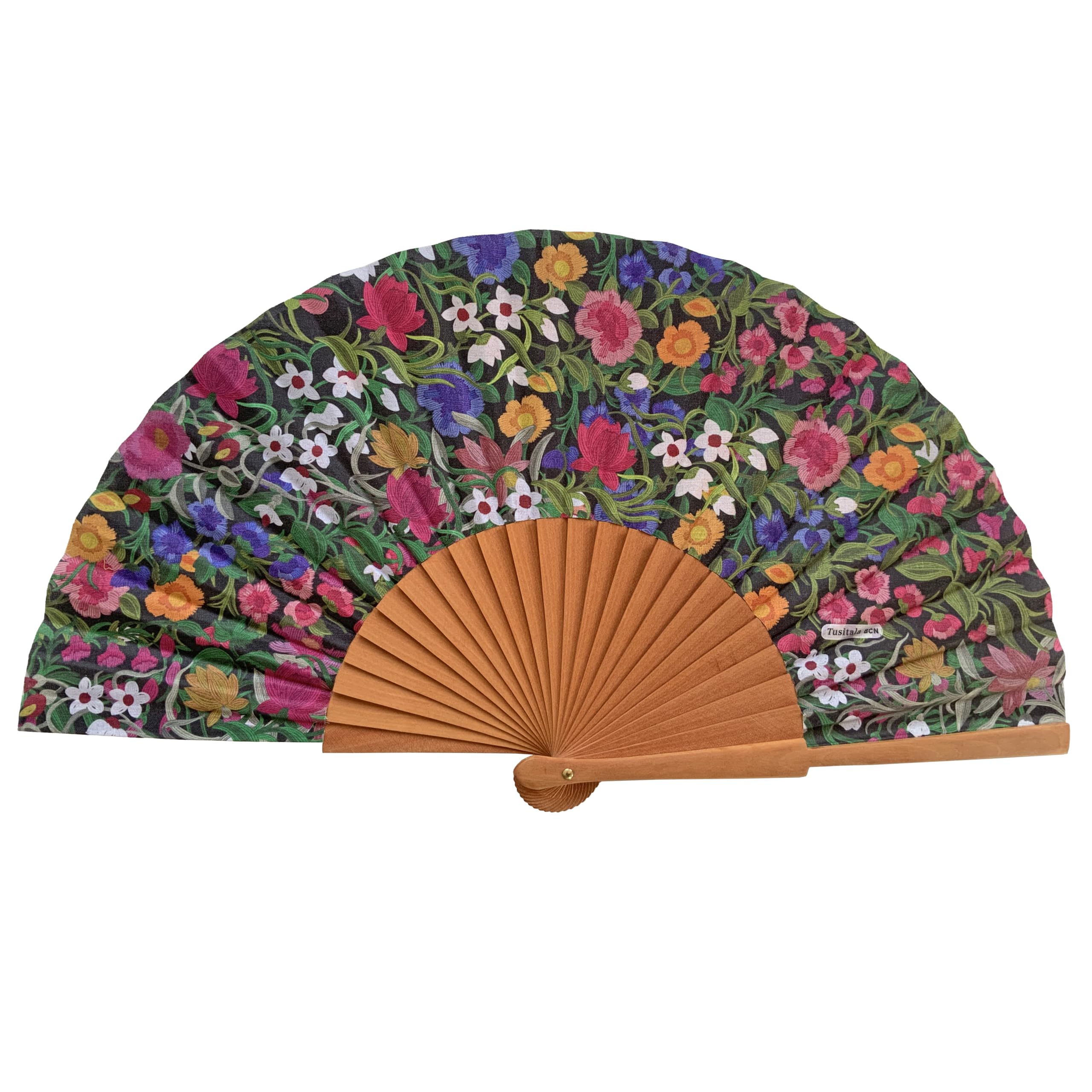 Abanico Español June - Madera y Algodón - 23 cm - Estuche y Funda de Algodón - Accesorio de Moda - Hecho a Mano en España - Eventos y Regalos - Colección Flowers