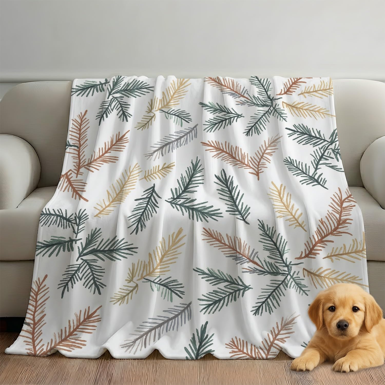 Generico Koc polarowy 200 cm x 230 cm nowoczesny minimalistyczny rośliny gałąź sosny wielokolorowy ręcznie rysowany zimowy ciepły koc na sofę i łóżko miękki i przyjemny flanelowy koc