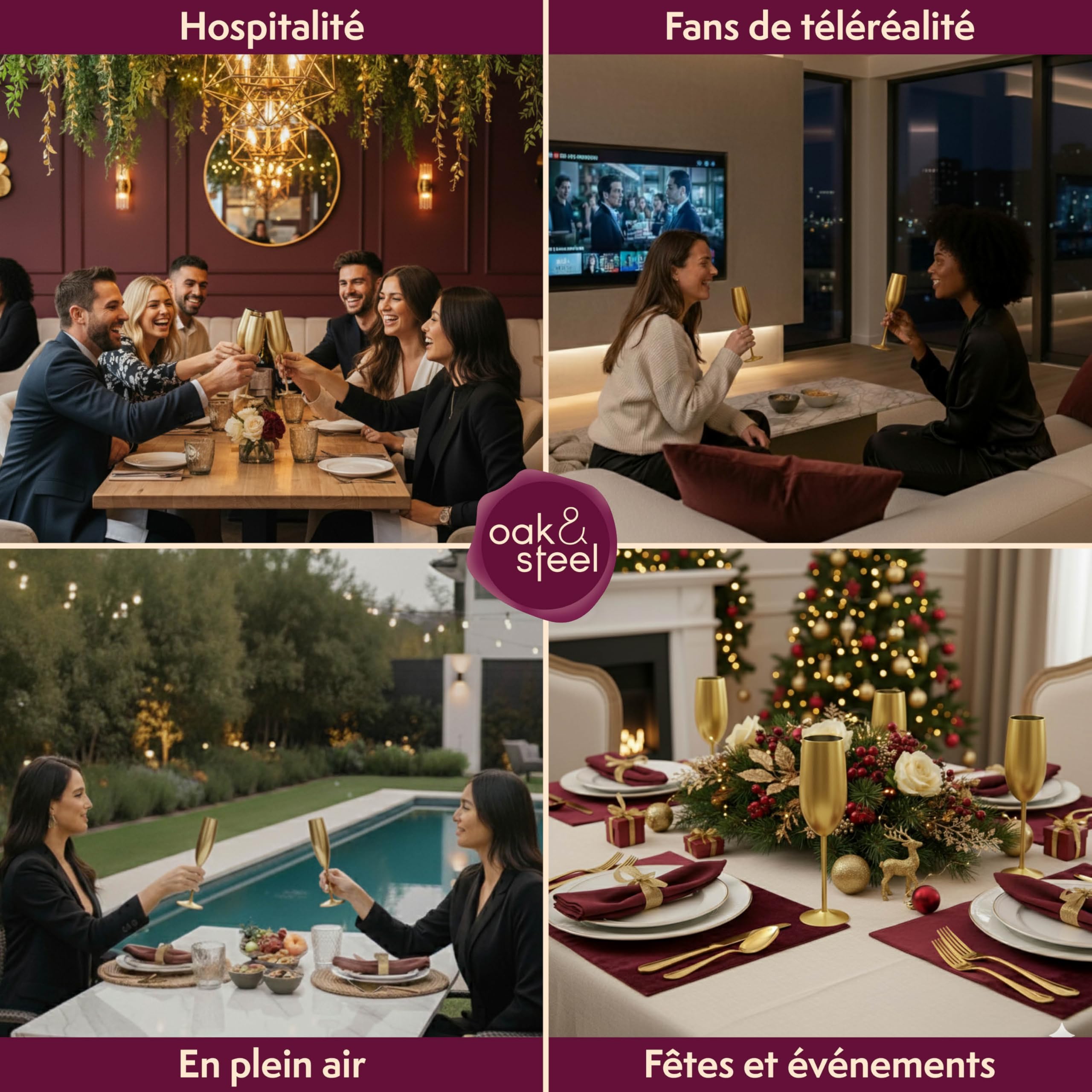 Oak & Steel - 4 Flûtes À Champagne En Acier Inoxydable Avec Boîte Cadeau, Or Mat - 284 Ml