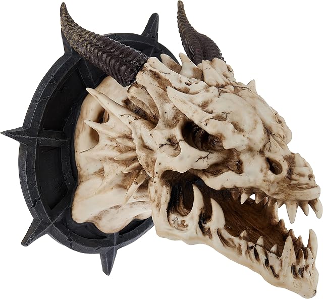 Design Toscano CL4864 Horned Dragon Skull Trophy Gothic Decor Wall Sculpture, 25 cm, Polyresin, Faux Bone