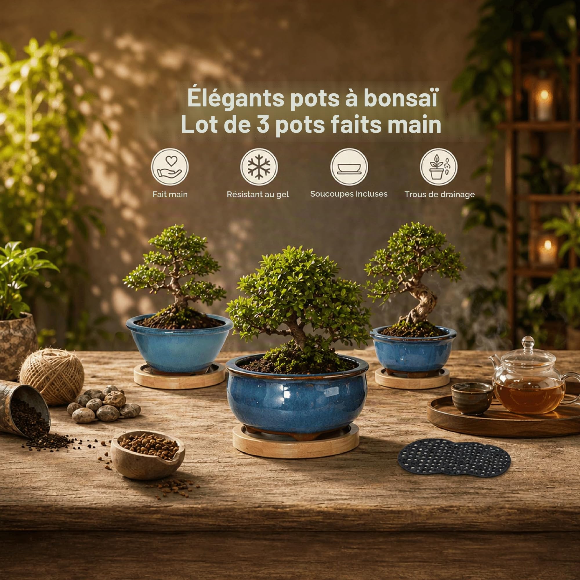 Lot de 3 Pots à Bonsaï en Céramique Émaillée avec Trous de Drainage, Grilles Filtrantes & Plateaux en Bambou| Design Japonais Traditionnel | Idéal Plantes Intérieures & Décoration