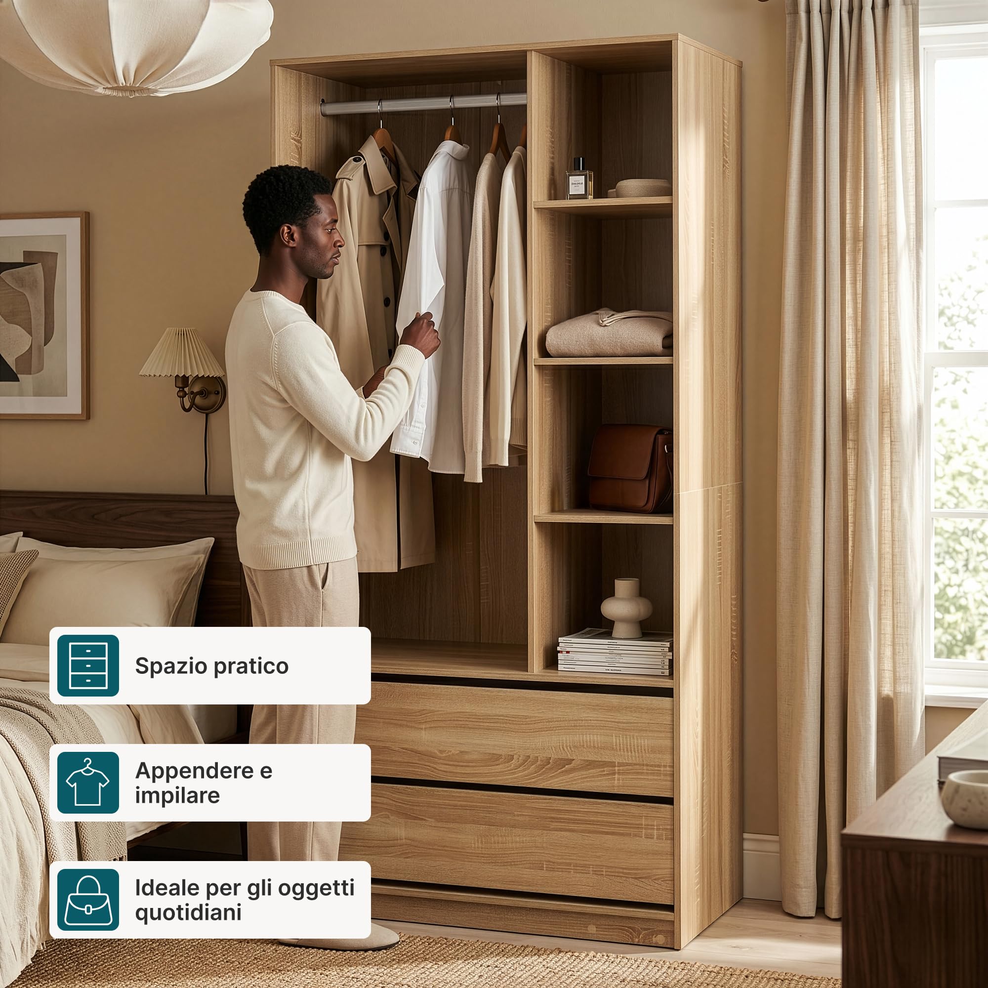 [en.casa] Armadio Aperto con Asta Barra Vano Appendiabiti Guradaroba con 7 Scomparti Aperti e 2 Cassetti per Soggiorno Camera da Letto Cameretta 200 x 100 x 50 cm - Effetto Rovere