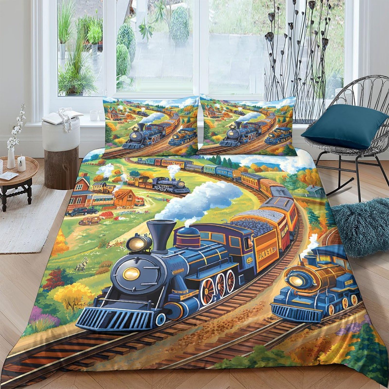 Ctjqhvkz Style-1 3D Printed Steam Train Fitted Sheet Microfiber Railway Landscape Bed Cover For Bedroom Guest Room Dorm Mattress Decor Single（135X200cm）