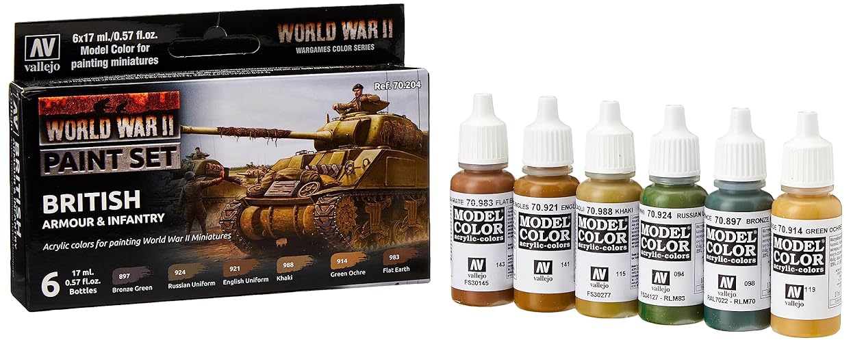 Vallejo - WWII British Armour & Infantry Model Color Paint Set | Historic Military Shades | Brush & Airbrush Compatible Acrylic Colors | Pro Modeler Collection | 6 bottles x 18 ml. (0.6 fl.oz) - WWII British Armour & Infantry