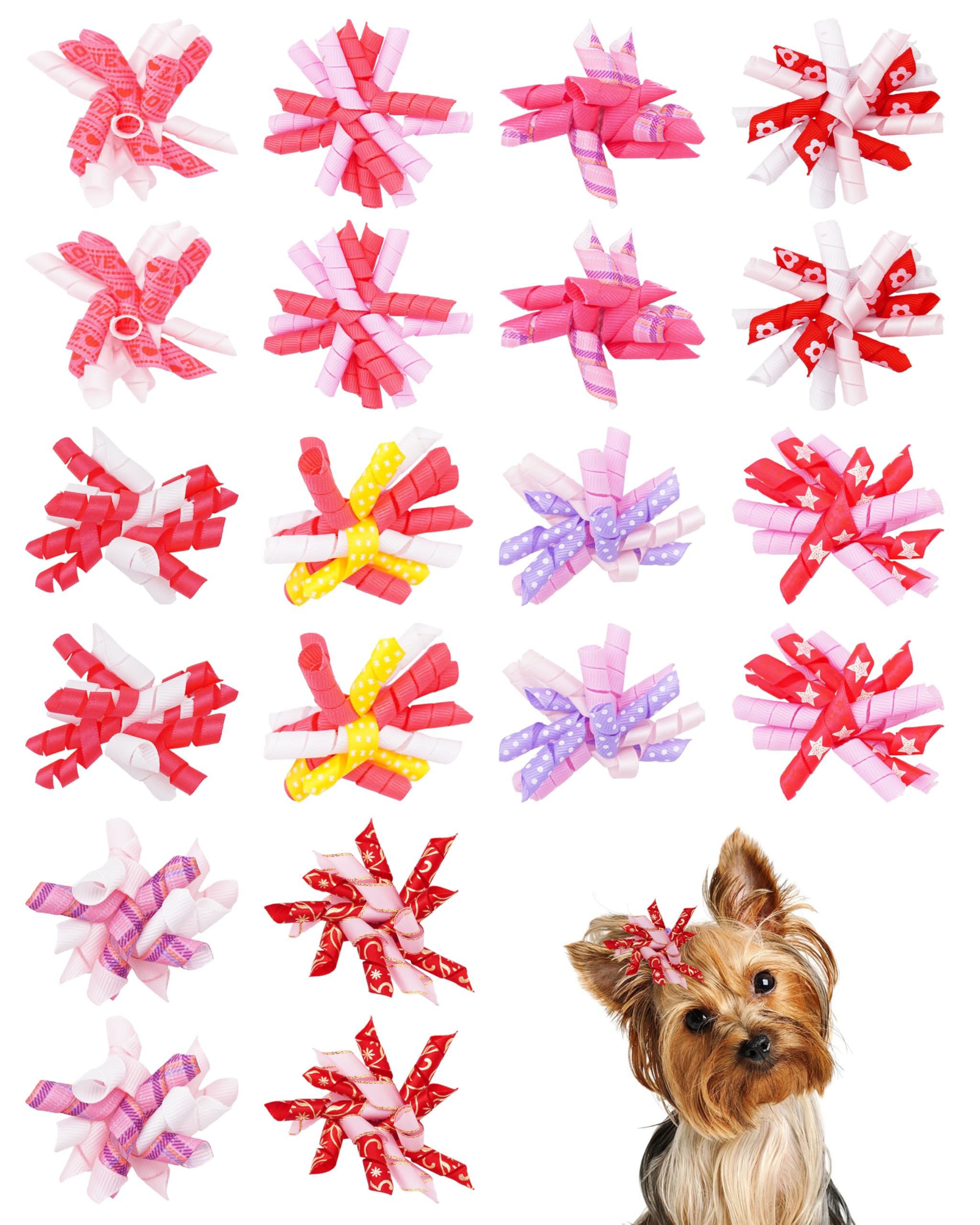 PET SHOW 20 Pack/10 Pairs Pink Curly Dog Hair Bows with Rubber Bands for Small Medium Dogs Girl Spiral Puppy Swirl Topknot Cat Female Holiday Hair Accessories Pet Favor Gift(Pink)